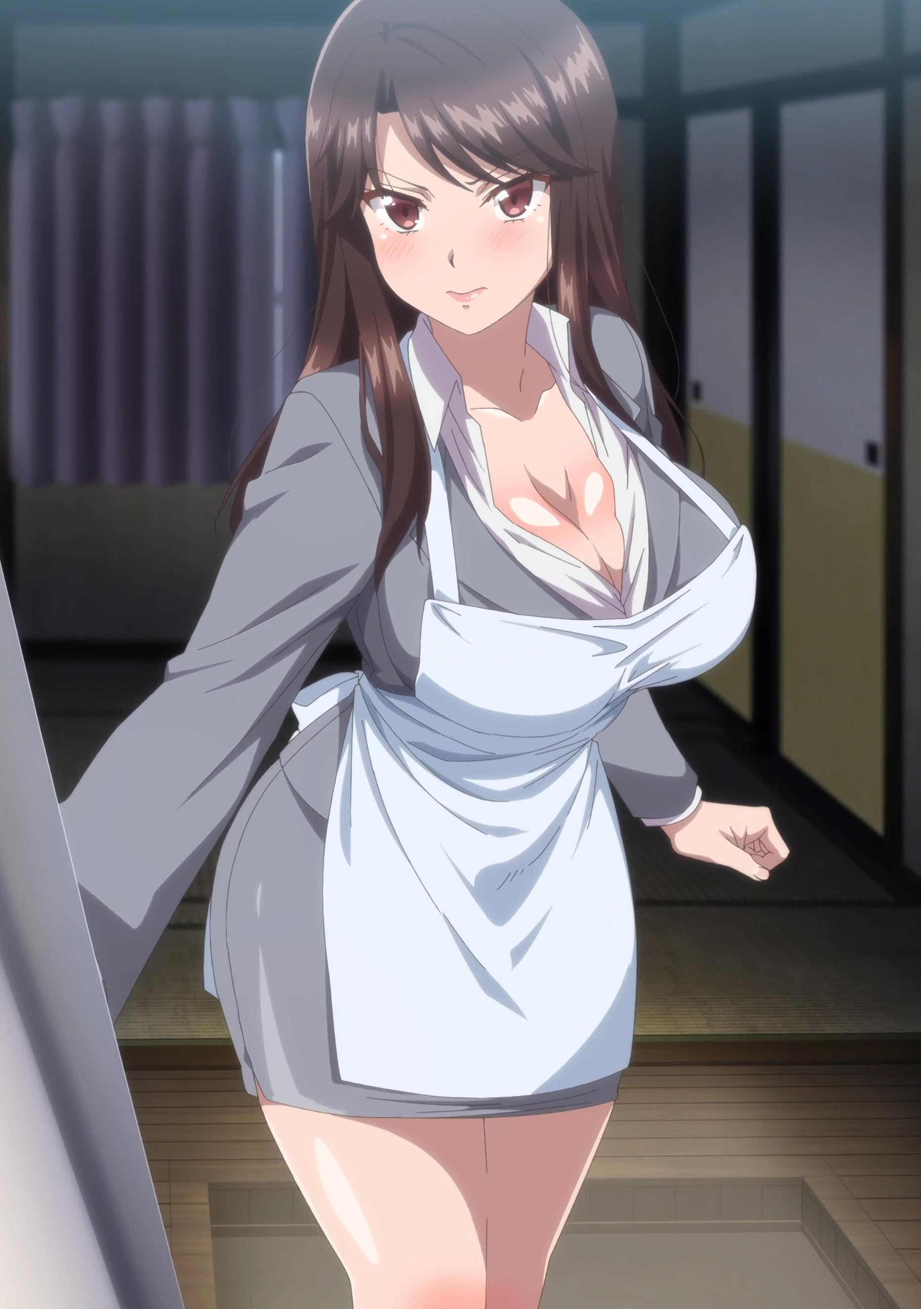 1girls, accurate art style, blush, breasts, brown hair, cleavage, clothing, female, female focus, female only, hips, ikazuchi riko, large breasts, light skin, light-skinned female, long hair, looking at viewer, pale skin, pale-skinned female, screencap, screenshot, secret mission sennyuu sousakan wa zettai ni makenai!, solo, solo female, solo focus, thick thighs, thighs, wide hips