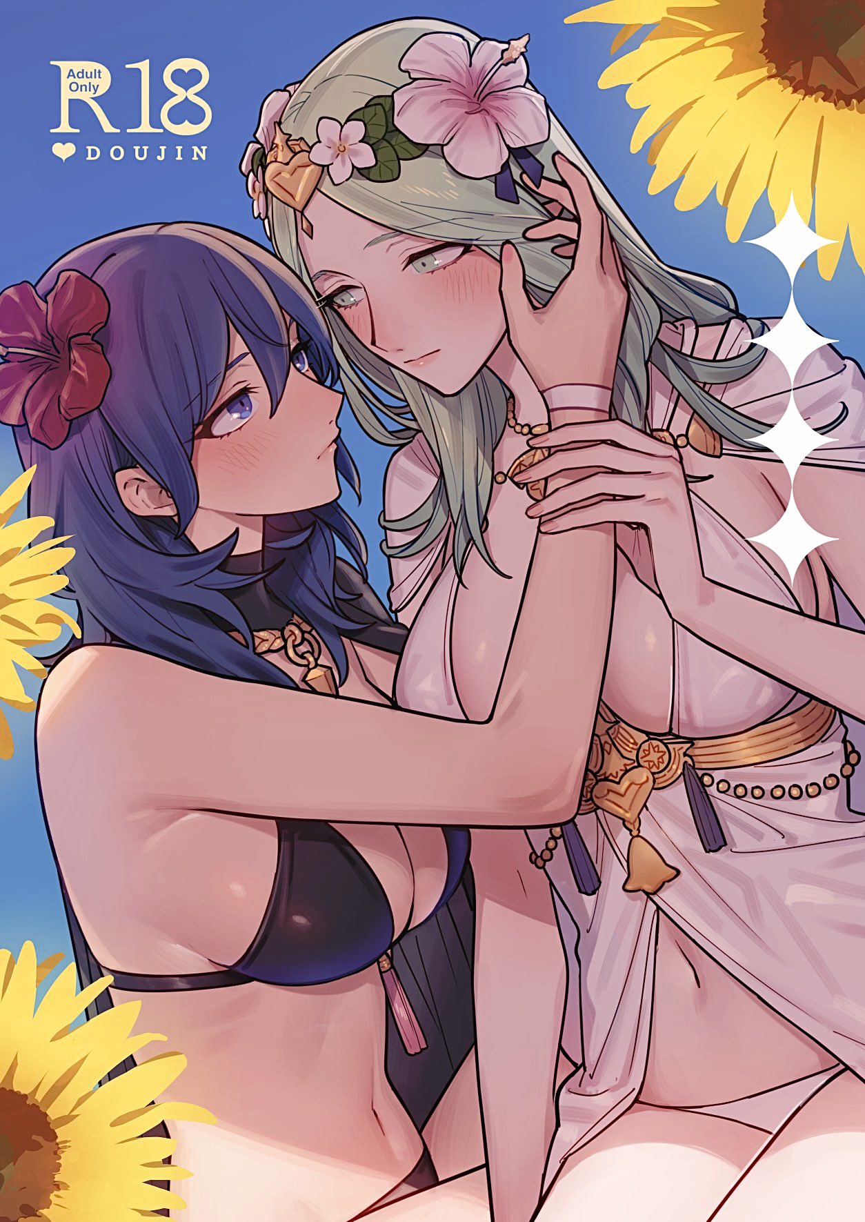 2girls alternate_color bikini black_bikini black_swimsuit blue_eyes blue_hair blush breasts byleth_(female)_(summer)_(fire_emblem) byleth_(fire_emblem) byleth_(fire_emblem)_(female) cleavage closed_mouth cover cover_page doujin_cover female female_only fire_emblem fire_emblem:_three_houses fire_emblem_heroes flower green_eyes green_hair hair_between_eyes hair_flower hair_ornament hibiscus highres ikarin imminent_kiss large_breasts long_hair medium_breasts multiple_girls navel nintendo official_alternate_costume rhea_(fire_emblem) rhea_(summer)_(fire_emblem) sideboob swimsuit white_bikini white_swimsuit yuri