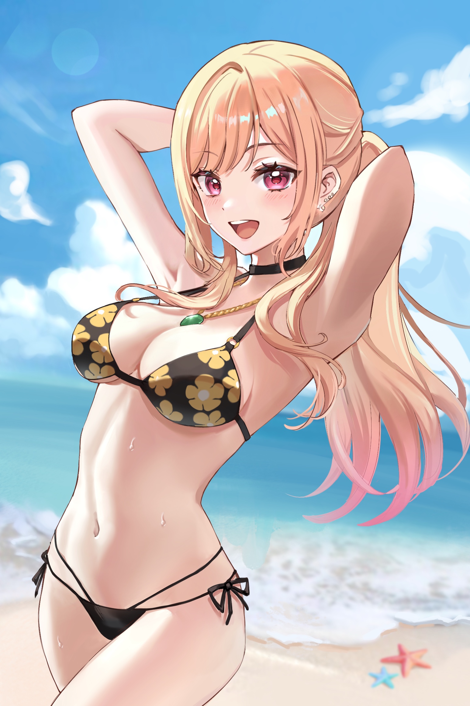 1girls, arms up, beach, bikini, blonde hair, breasts, cleavage, female, hi res, kitagawa marin, long hair, looking at viewer, necklace, open mouth, ponytail, red eyes, seaside, smile, solo, sono bisque doll wa koi wo suru, starfish, sweat
