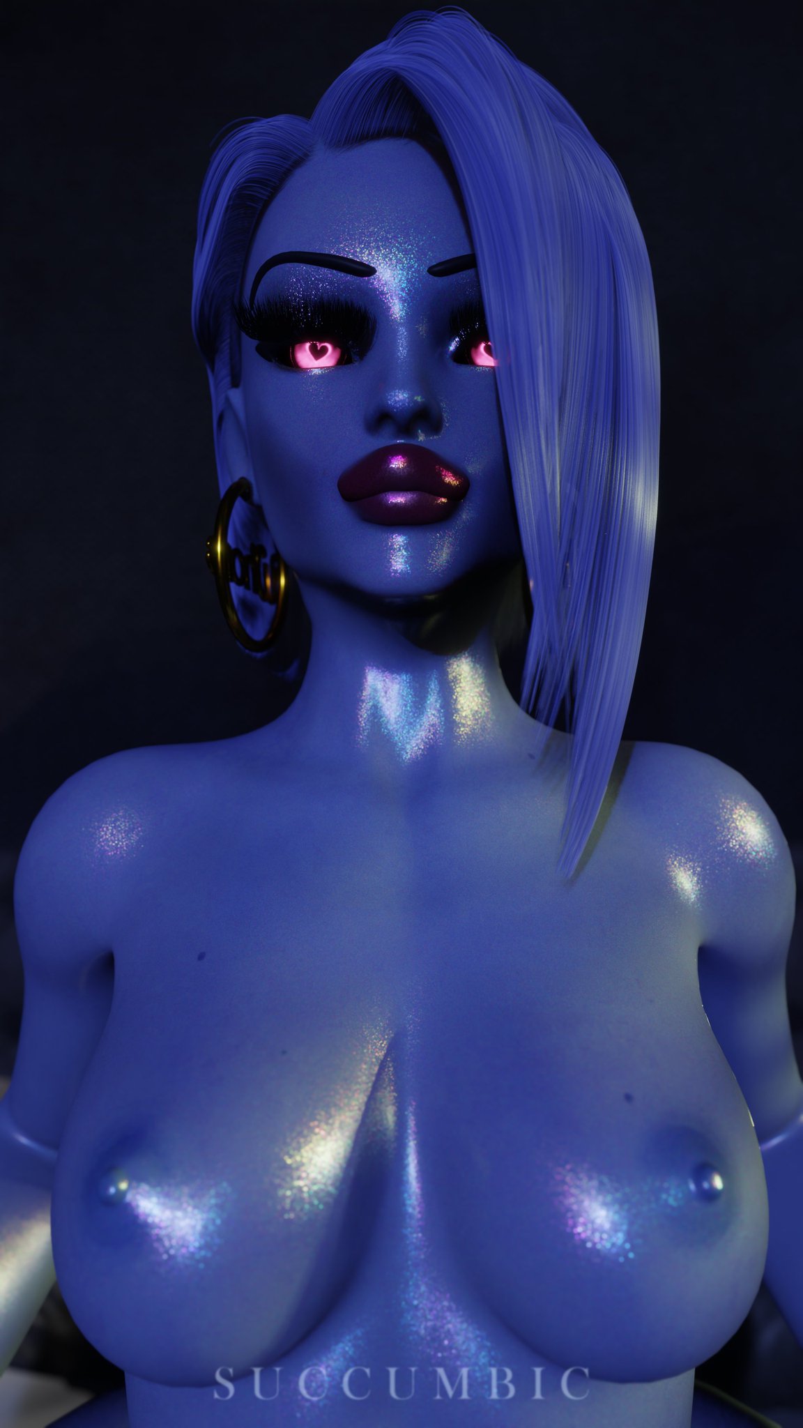 3d ashe_(overwatch) bimbo_lips bimbofication blank_eyes blue_skin corruption earring heart-shaped_pupils hoop_earrings mind_break overwatch particle_hair small_breasts succumbic