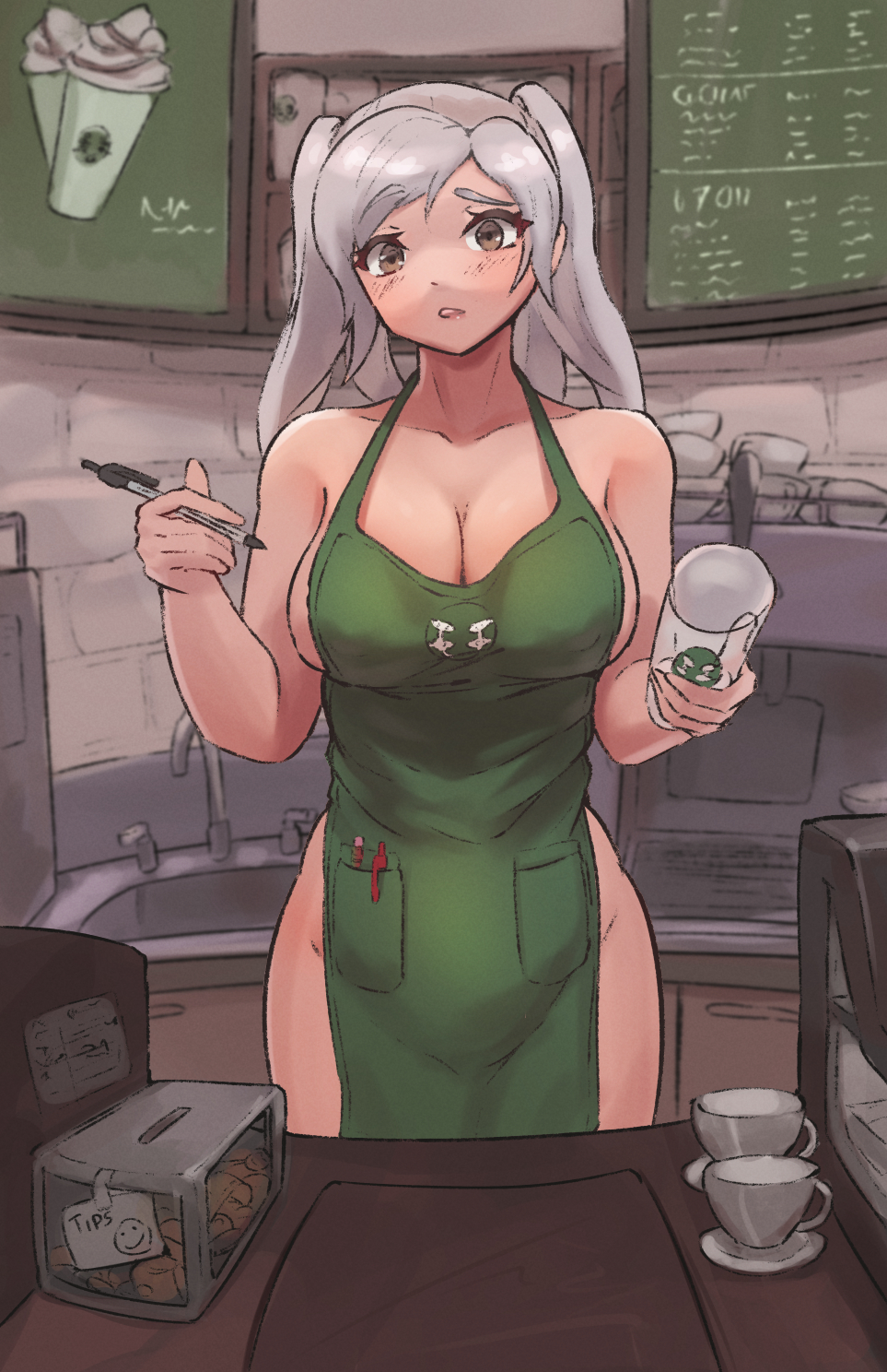 1girls, apron, bare shoulders, bare thighs, barista, breasts, brown eyes, cleavage, clothing, collarbone, fast food, female, fire emblem, fire emblem awakening, grey hair, holding, holding cup, holding object, holding pen, iced latte with breast milk, large breasts, long hair, looking at viewer, meme, naked apron, nintendo, open mouth, outerwear, pen, raised eyebrow, robin (fire emblem), robin (fire emblem) (female), sideboob, solo, spiffydc, thighs, twintails, uniform