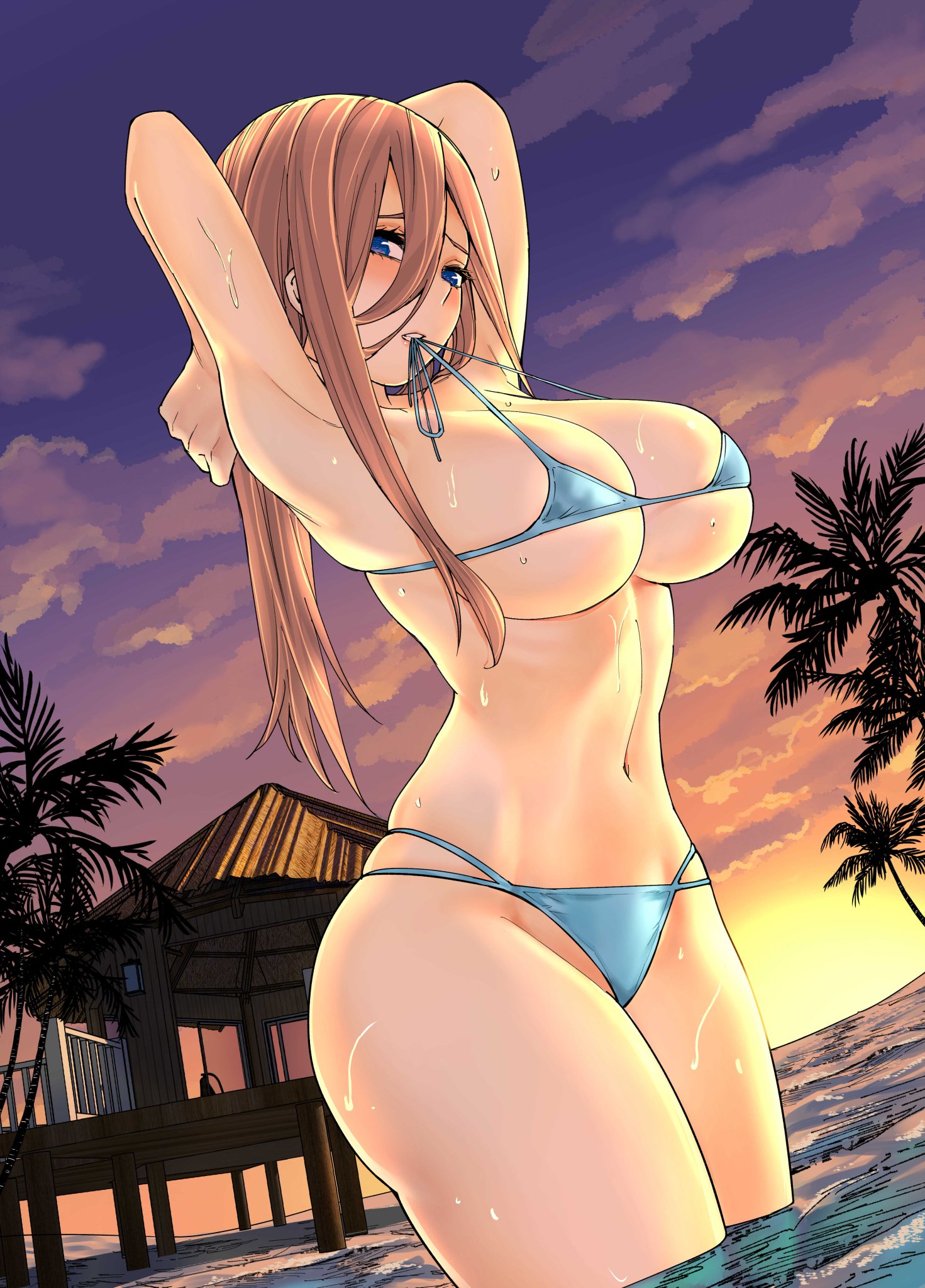 1girls, armpits, arms behind head, bikini, biting, blue bikini, blue eyes, breasts, brown hair, cleavage, cloud, curvaceous, curvy, curvy body, curvy female, curvy figure, female, female only, go-toubun no hanayome, hair between eyes, kosmos beta, large breasts, light skin, light-skinned female, long hair, looking at viewer, nakano miku, ocean, pale skin, pale-skinned female, palm tree, slingshot swimsuit, solo, solo female, sunset, swimsuit, tree, untied bikini, water, wet