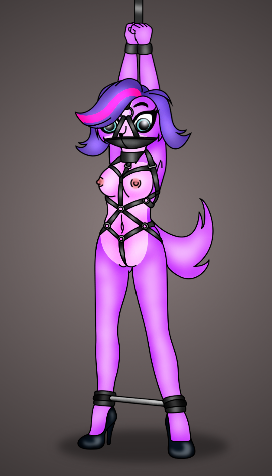 2019 anthro binder_(restraint) bondage bondage bound breasts canid canine canis clothing domestic_dog female folwilliar footwear fur genitals hair harness hasbro high_heels littlest_pet_shop littlest_pet_shop_(2012) looking_at_viewer mammal mostly_nude navel nipples pussy raised_arm raised_arms raised_tail restraints solo standing tail wide_eyed zoe_trent