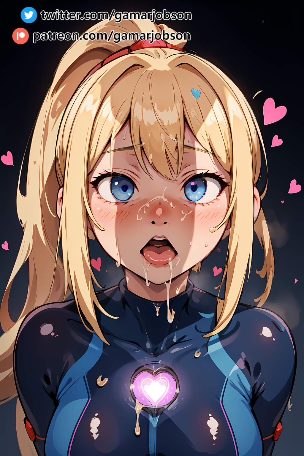 ai generated, blonde hair, female, gamarjobson, heart, hypnosis, male, metroid, nintendo, open mouth, penis, penis shadow, samus aran, zero suit samus