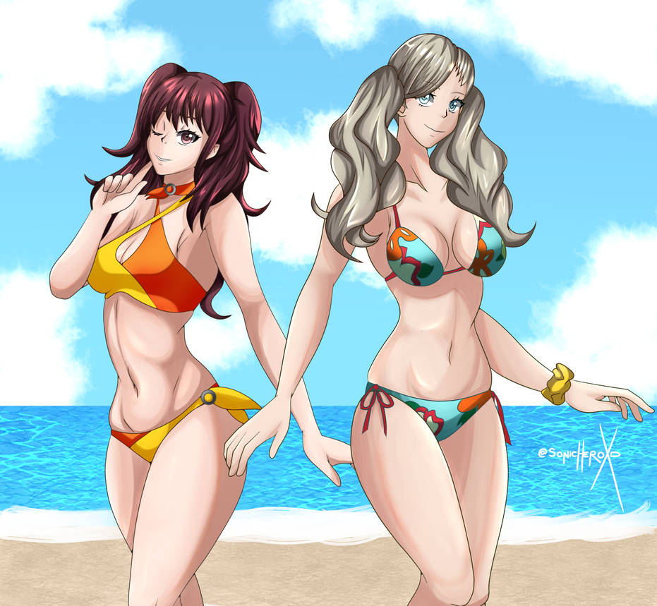 2girls ann_takamaki beach bikini blonde_hair blue_bikini blue_eyes blue_swimsuit breasts brown_eyes brown_hair clouds female female_only human kujikawa_rise large_breasts looking_at_viewer lovers_arcana midriff multicolored_bikini multicolored_swimsuit multiple_girls navel o-ring_choker ocean orange_bikini orange_swimsuit outside pale_skin persona persona_4 persona_5 side-tie_bikini side-tie_swimsuit sky sonicheroxd swimsuit twintails water wrist_scrunchie yellow_bikini yellow_swimsuit