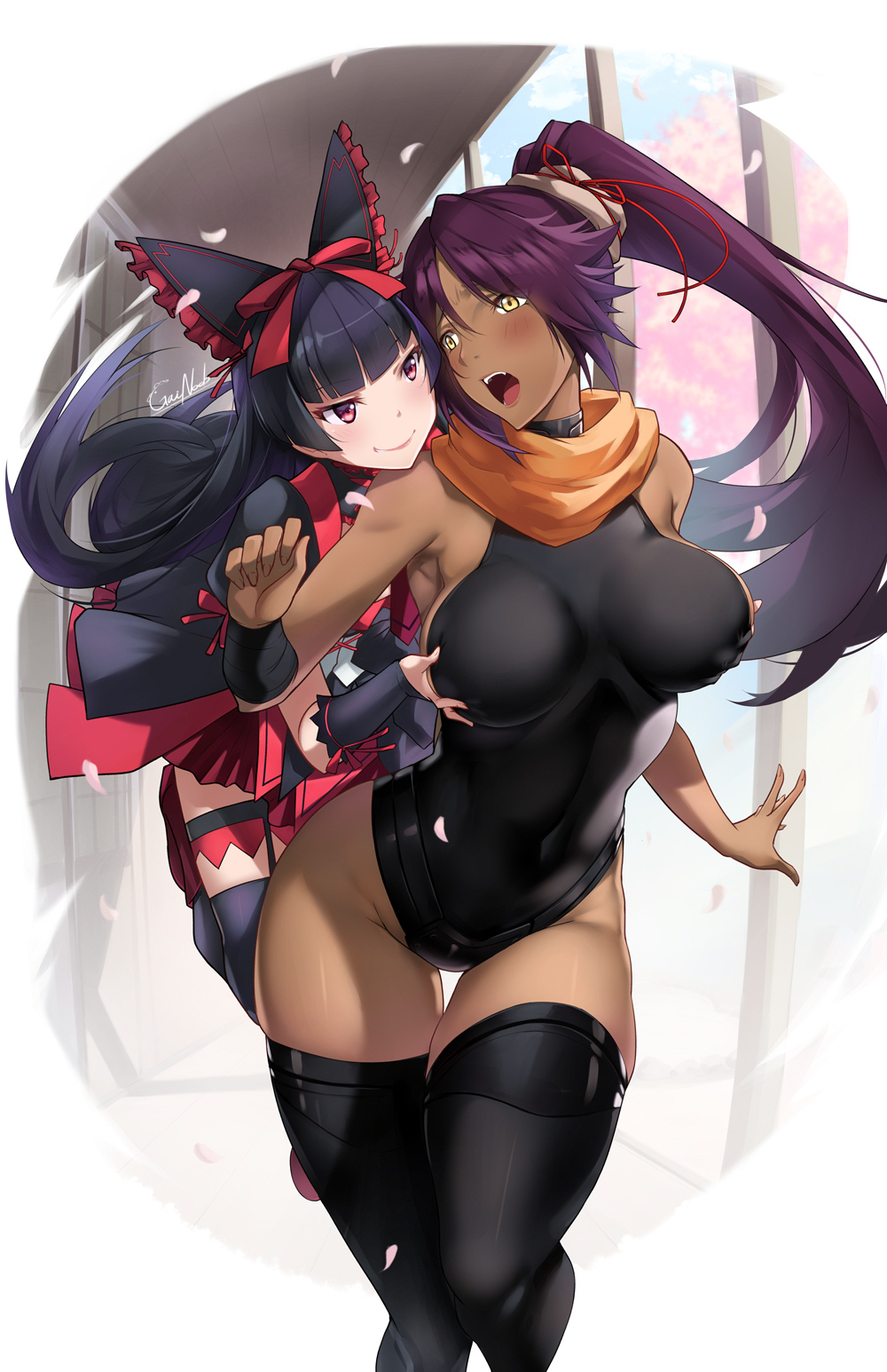 2girls black_dress black_hair black_leotard black_thighhighs bleach bleach:_the_thousand-year_blood_war blunt_bangs blush bow bow_hairband breasts closed_mouth crossover dark-skinned_female dark_skin dress eye_contact female female_only frilled_bow frills gainoob gate_-_jieitai_ka_no_chi_nite_kaku_tatakaeri gothic_lolita grabbing grabbing_another's_breast hairband hand_up highres indoors large_breasts leotard light_blush lolita_fashion long_hair looking_at_another looking_at_viewer multiple_girls open_mouth orange_scarf parted_bangs petals ponytail purple_hair red_eyes rory_mercury scarf shihouin_yoruichi signature skindentation sleeveless smile thigh_gap thighhighs thighs very_long_hair yellow_eyes yuri