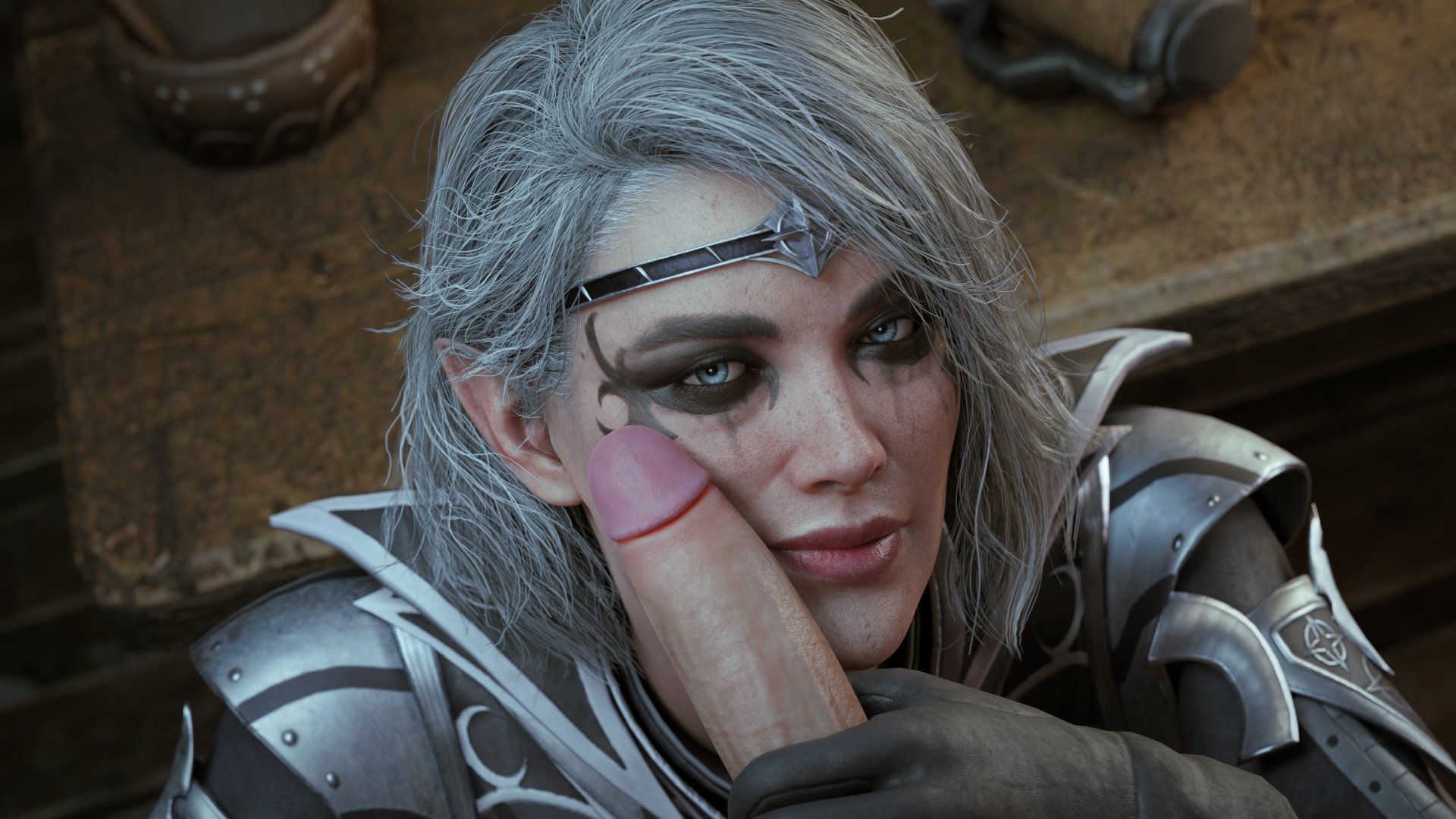 1boy, 1girls, 3d, armor, baldur's gate, baldur's gate 3, big penis, blender (software), blue eyes, bluelight, cleric, clothed female, dungeons and dragons, eyeshadow, female, female focus, forgotten realms, grey hair, half-elf, hand on penis, isobel (baldur's gate), light skin, light-skinned female, light-skinned male, looking at viewer, male, penis, penis on cheek, penis on face, tagme, unseen male face, veiny penis, video game, video game character, video games