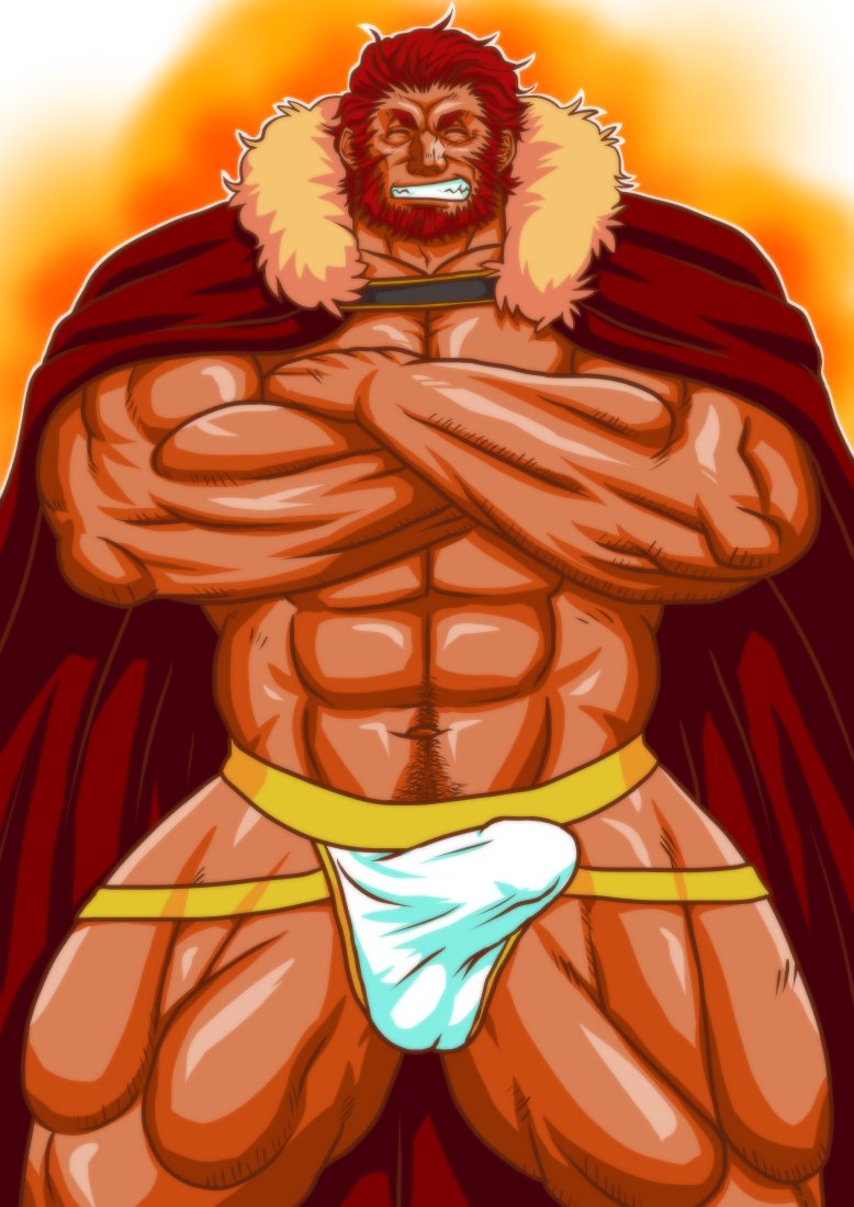 balls bara beard boner bulge closed_eyes crossed_arms erection erection_under_clothes facial_hair fate_(series) genta_iwayama iskandar_(fate) male male_only muscles muscular penis red_hair solo solo_male underwear