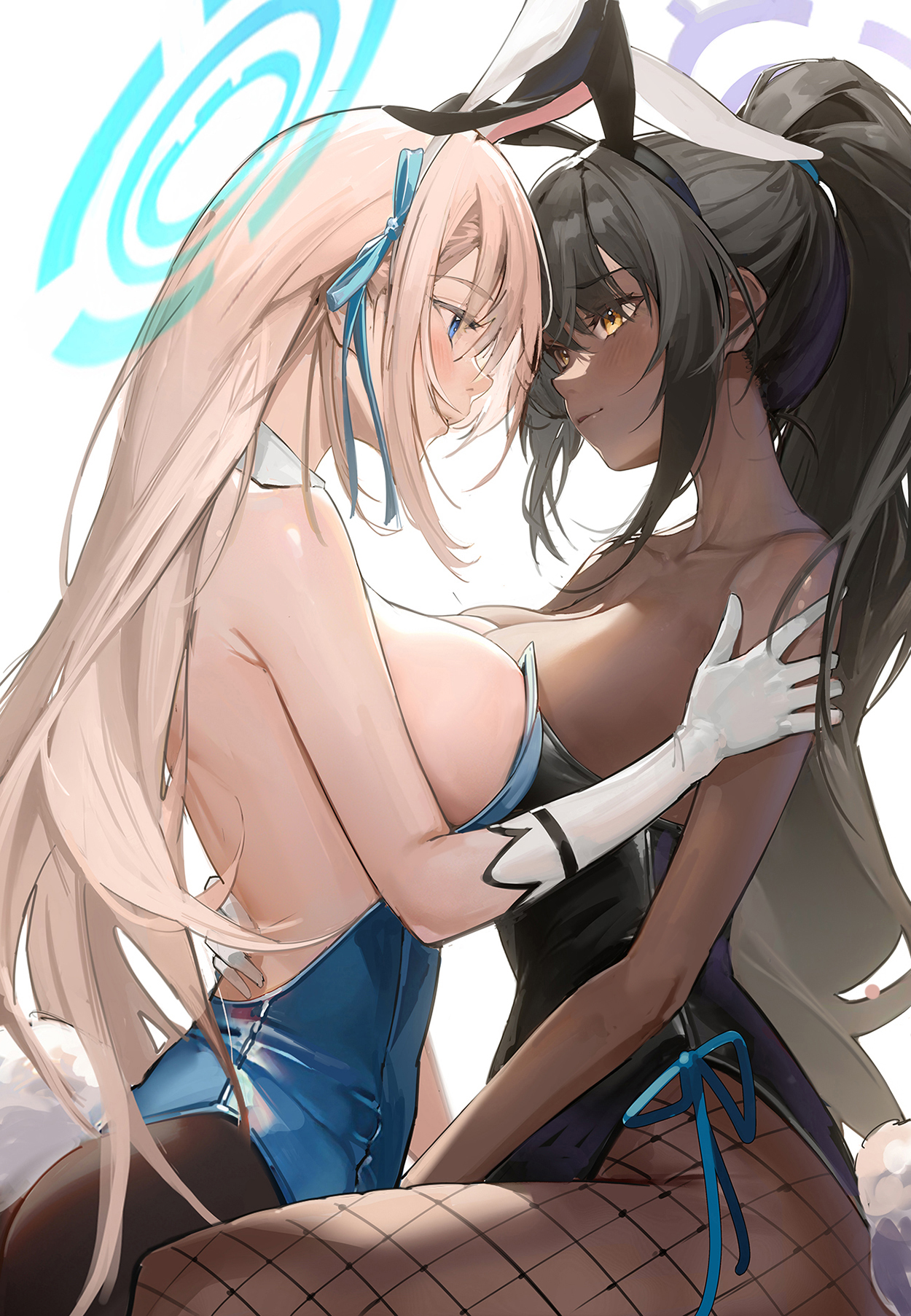 2girls, animal ears, asuna (blue archive), asuna (bunny) (blue archive), backless leotard, bare shoulders, black hair, black leotard, black pantyhose, blue archive, blue eyes, blue leotard, blue ribbon, blush, breast press, breasts, closed mouth, collarbone, commentary request, dark skin, dark-skinned female, detached collar, drive shot, elbow gloves, eye contact, face-to-face, fake animal ears, fake tail, female, fishnet pantyhose, fishnets, gloves, hair ribbon, halo, hand on another's back, hand on another's shoulder, heads together, highres, karin (blue archive), karin (bunny) (blue archive), large breasts, leotard, light brown hair, light smile, long hair, looking at another, millennium science school student, multiple females, multiple girls, official alternate costume, pantyhose, playboy bunny, ponytail, profile, rabbit ears, rabbit tail, ribbon, sidelocks, simple background, sitting, strapless, strapless leotard, symmetrical docking, tail, very long hair, white background, white gloves, yellow eyes, yuri