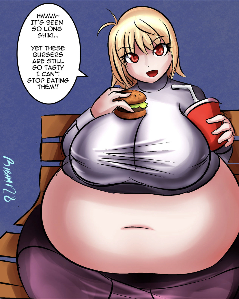 arcueid_brunestud bbw belly_overhang big_belly big_breasts big_female chubby chubby_female fat fat_ass fat_female fat_fetish fat_girl fat_woman fatty hamburger huge_belly large_female obese obese_female overweight overweight_female plump pork_chop ribimi28 speech_bubble thick_thighs tsukihime type-moon weight_gain