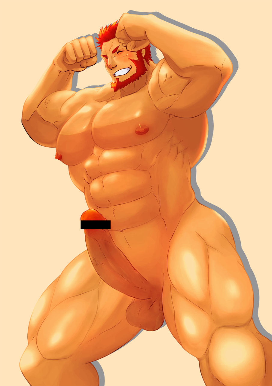 balls bara beard big_penis blush boner closed_eyes erection facial_hair fate_(series) flexing iskandar_(fate) karakuraax male male_only muscles muscular nude penis red_hair solo solo_male