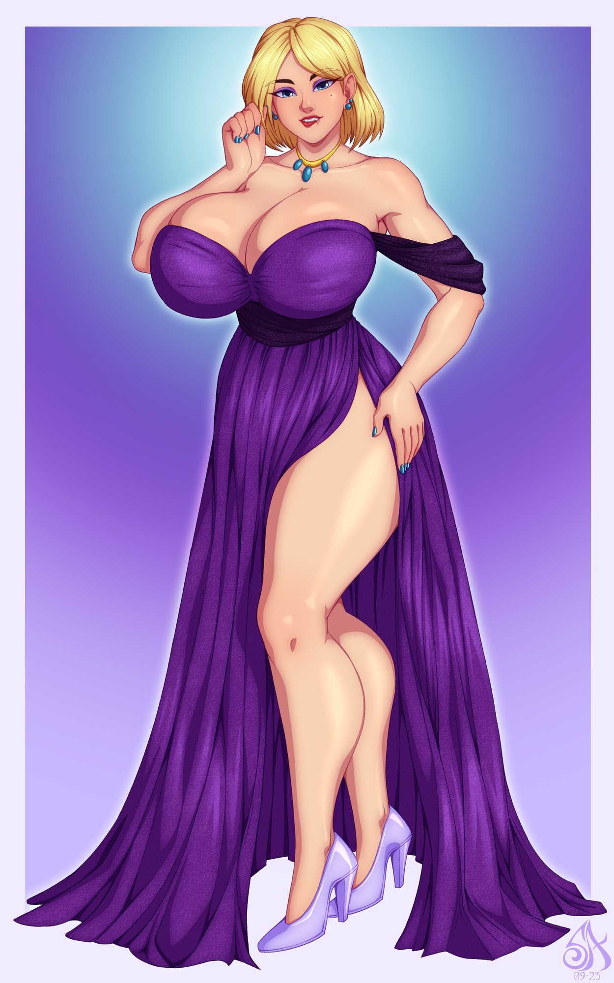 1girls big_breasts biting_lip biting_own_lip blonde_hair blue_eyes commission dress elegant_dress female female_only heels hi_res looking_at_viewer medium_hair purple_dress red_lipstick smiling smiling_at_viewer solo souladdicted thick_thighs voluptuous