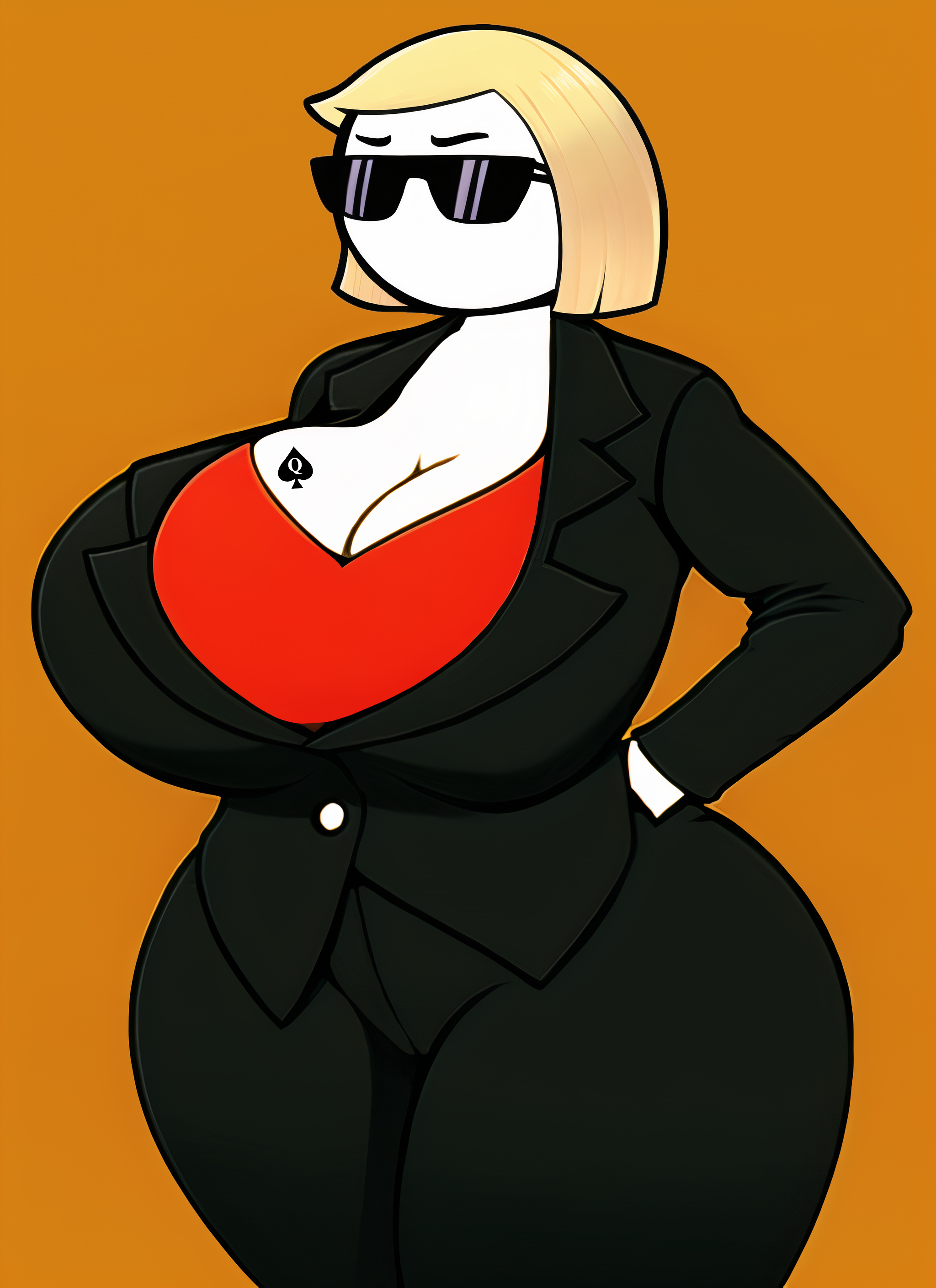 1girls, ai generated, bbw, big breasts, black clothing, blonde hair, breasts, female, female only, glasses, hands in pockets, let me explain studios, mama parham, mature, mature female, milf, nai diffusion, old, queen of spades, queen of spades symbol, rebeccas mom, shades, stable diffusion, suit, thick thighs, wide hips, youtube, youtuber
