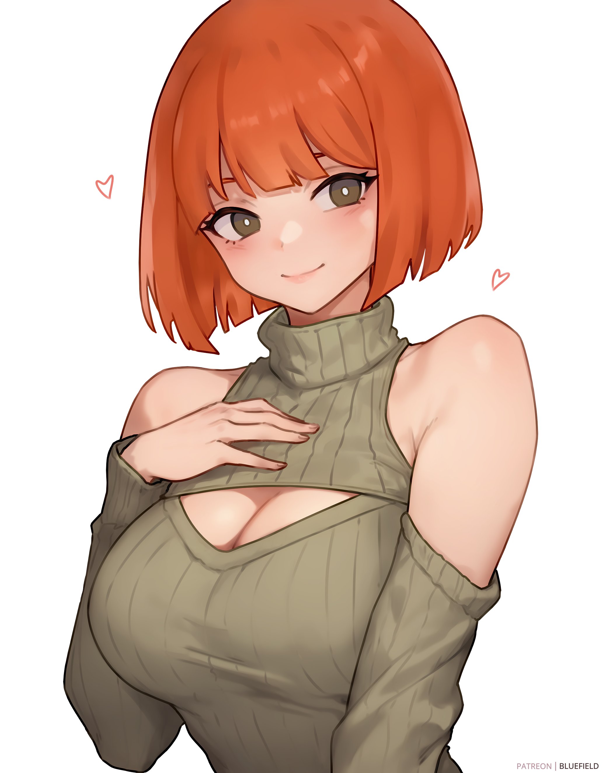 1girls, bluefield, breasts, cleavage, cute, female, female only, large breasts, light skin, light-skinned female, mcdonald's, milf, mom (japanese mcdonald's commercial), orange hair, png version available, short hair, smile, solo, sweater, yoru mac
