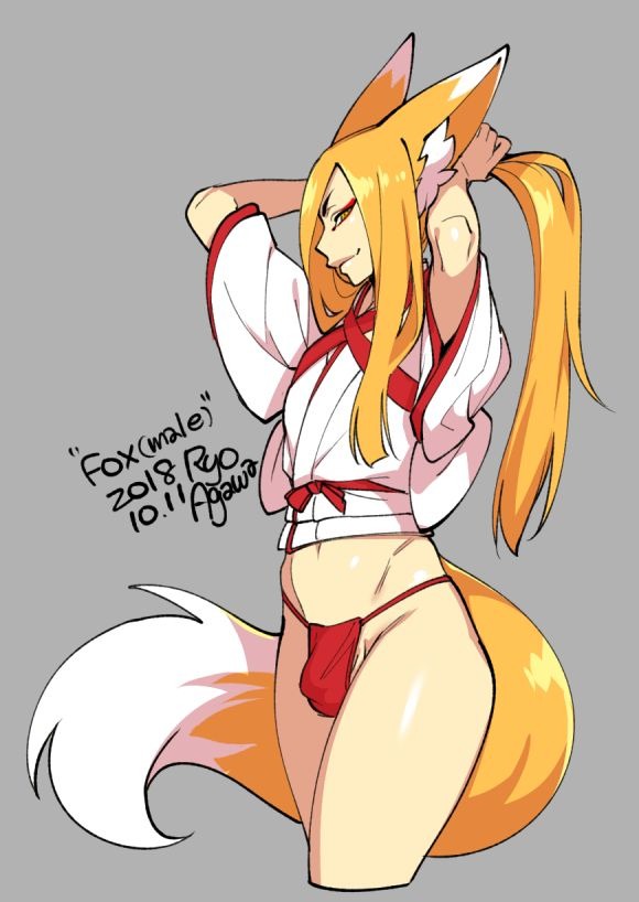 1boy, femboy, femboy only, fox, fox humanoid, grey background, looking at viewer, male, mostly nude, plain background, ryo agawa, solo