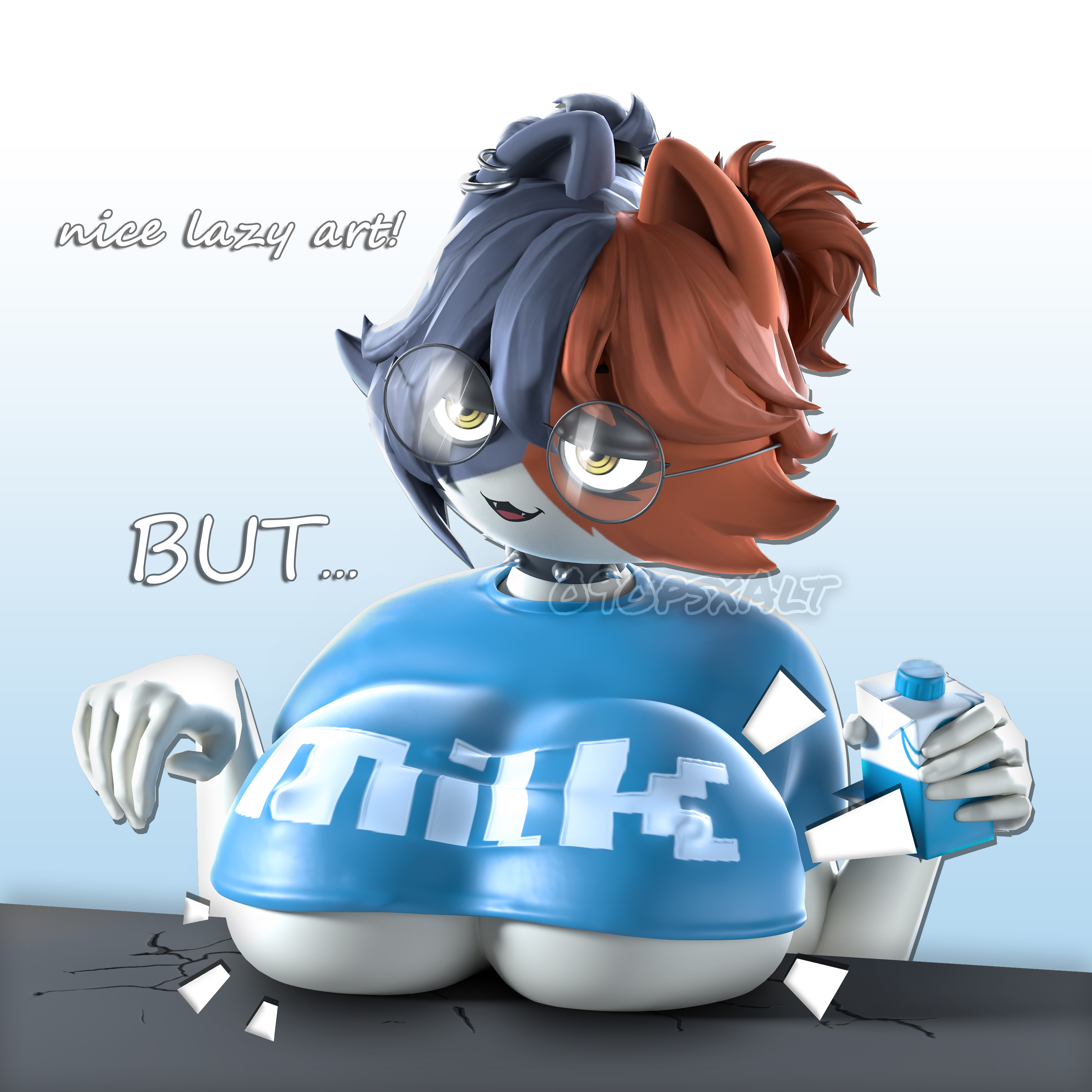 090psxalt, big breasts, breasts, calico cat, cate meowdy (fortnite), epic games, fair argument but..., felid, feline, felis, female, fortnite, fortnite: battle royale, glasses, holding object, nipples, shirt, table