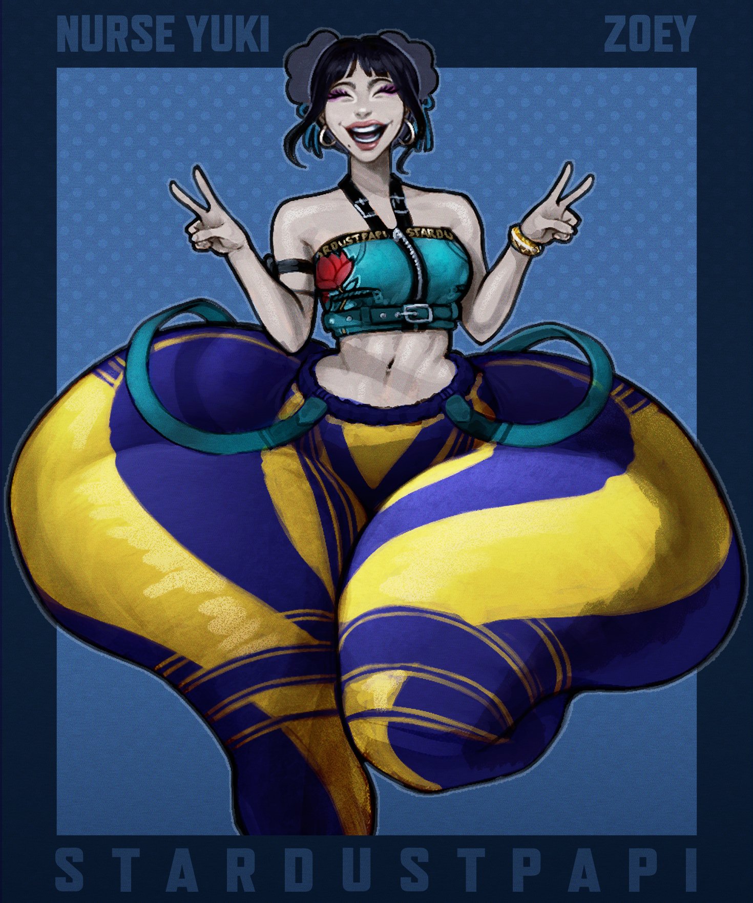 1girls, 2d, ass bigger than head, ass bigger than torso, closed eyes, closed eyes smile, double v, female, female focus, female only, hyper, hyper ass, hyper hips, hyper thighs, ignantastro, kpop demon hunters, massive ass, navel, open mouth, solo, solo female, solo focus, stardustpapi, thick thighs, wide hips, zoey (kpop demon hunters)