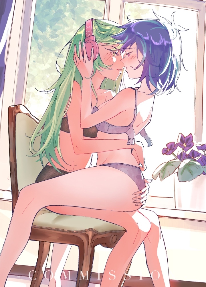 2025, 2girls, amazingpuffhair, blue hair, blush, chair, commission, daylight, equestria girls, equestria girls: friendship games, female, female only, flower, flowers, green hair, hand on ass, headset, indoors, lemon zest, light-skinned female, lingerie, long hair, my little pony, no ai, pale-skinned female, romantic, short hair, sitting on chair, twitter link, vinyl scratch (mlp), window, yuri