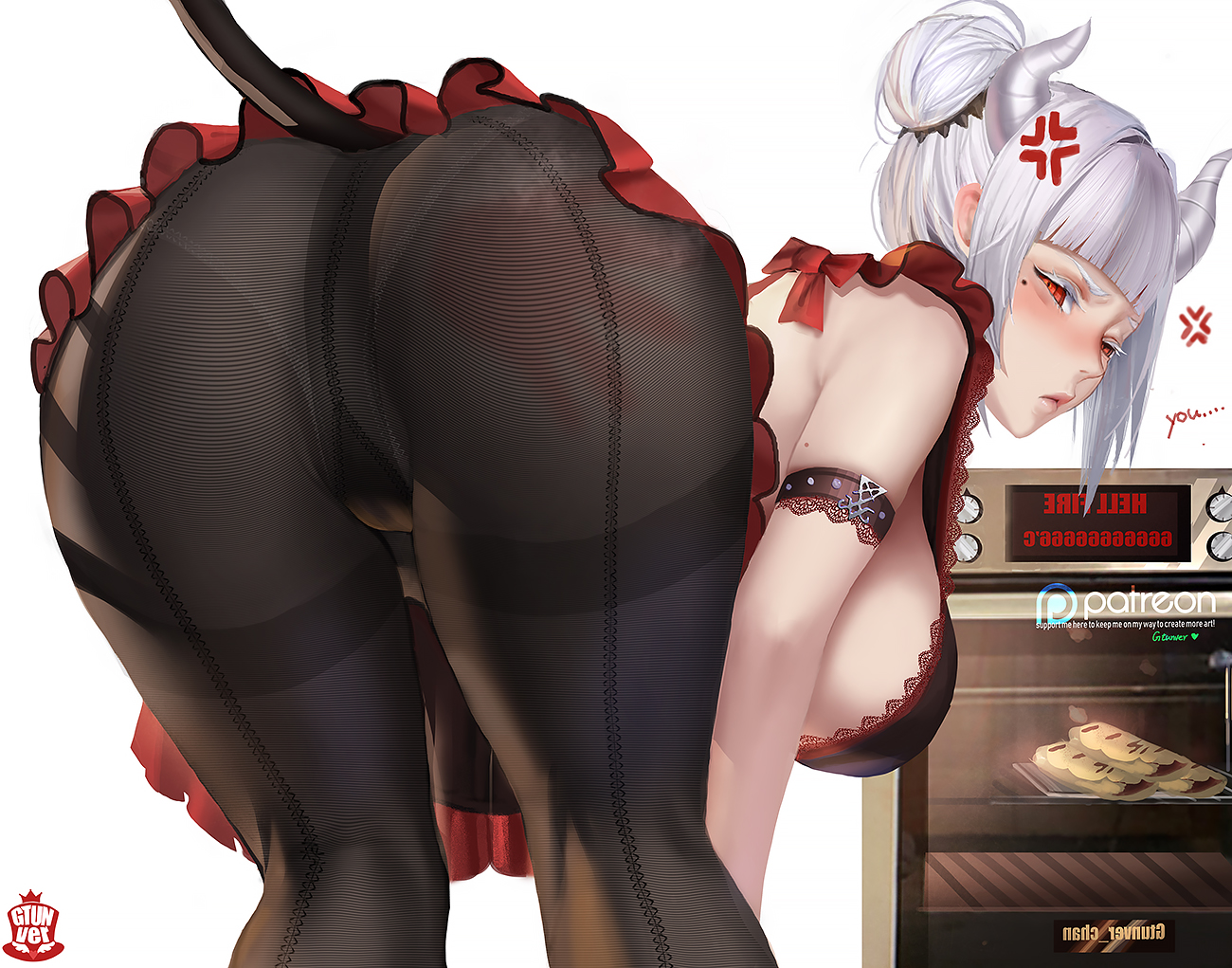 1girls, ass, big ass, big breasts, blush, breasts, cleavage, female, female only, gtunver, helltaker, large breasts, looking at viewer, looking back, lucifer (helltaker), panties, panties under pantyhose, white panties