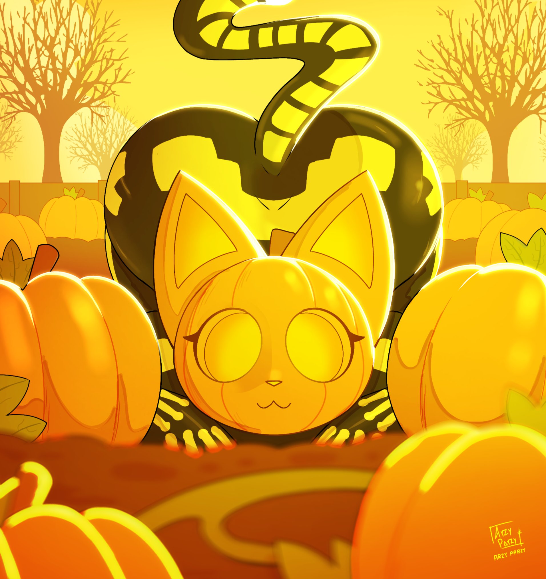 anthro, arzyparzy, ass, black body, cat ears, cat girl, cat tail, cute, female, fortnite, halloween, nonsexual, pumpkin, pumpkin head, pumpkin patch, spice (fortnite), tail