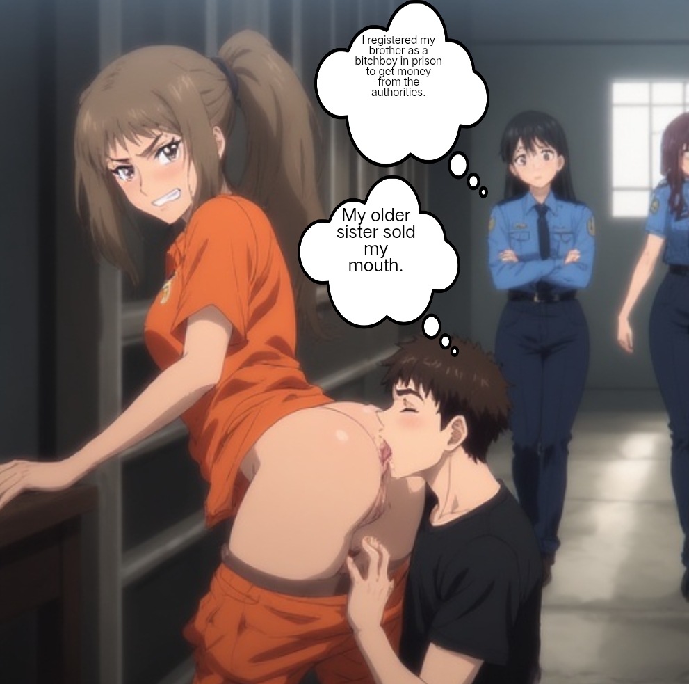 1boy, 3women, ai generated, anilingus, brother, cunnilingus, female, femdom, licking, little brother, male, older sister, prison, prisoner, sister, straight