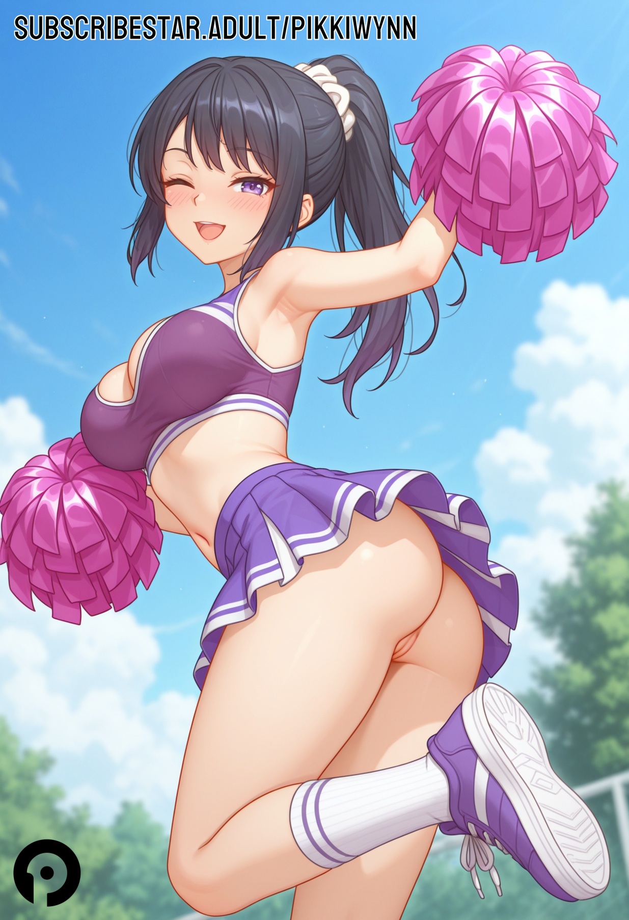 ;d, ai generated, arm up, armpits, ass, bangs, bare shoulders, black hair, blurry, blush, breasts, cheerleader, cleavage, cleft of venus, crop top, day, female, female only, hair scrunchie, hibike! euphonium, holding, kneehighs, kousaka reina, large breasts, leg up, long hair, looking at viewer, midriff, miniskirt, navel, no panties, one eye closed, open mouth, outdoors, pikkiwynn, pleated skirt, pom pom (cheerleading), ponytail, purple eyes, purple footwear, purple skirt, pussy, scrunchie, shoes, skirt, sky, smile, sneakers, socks, solo, standing, standing on one leg, thighs, white socks