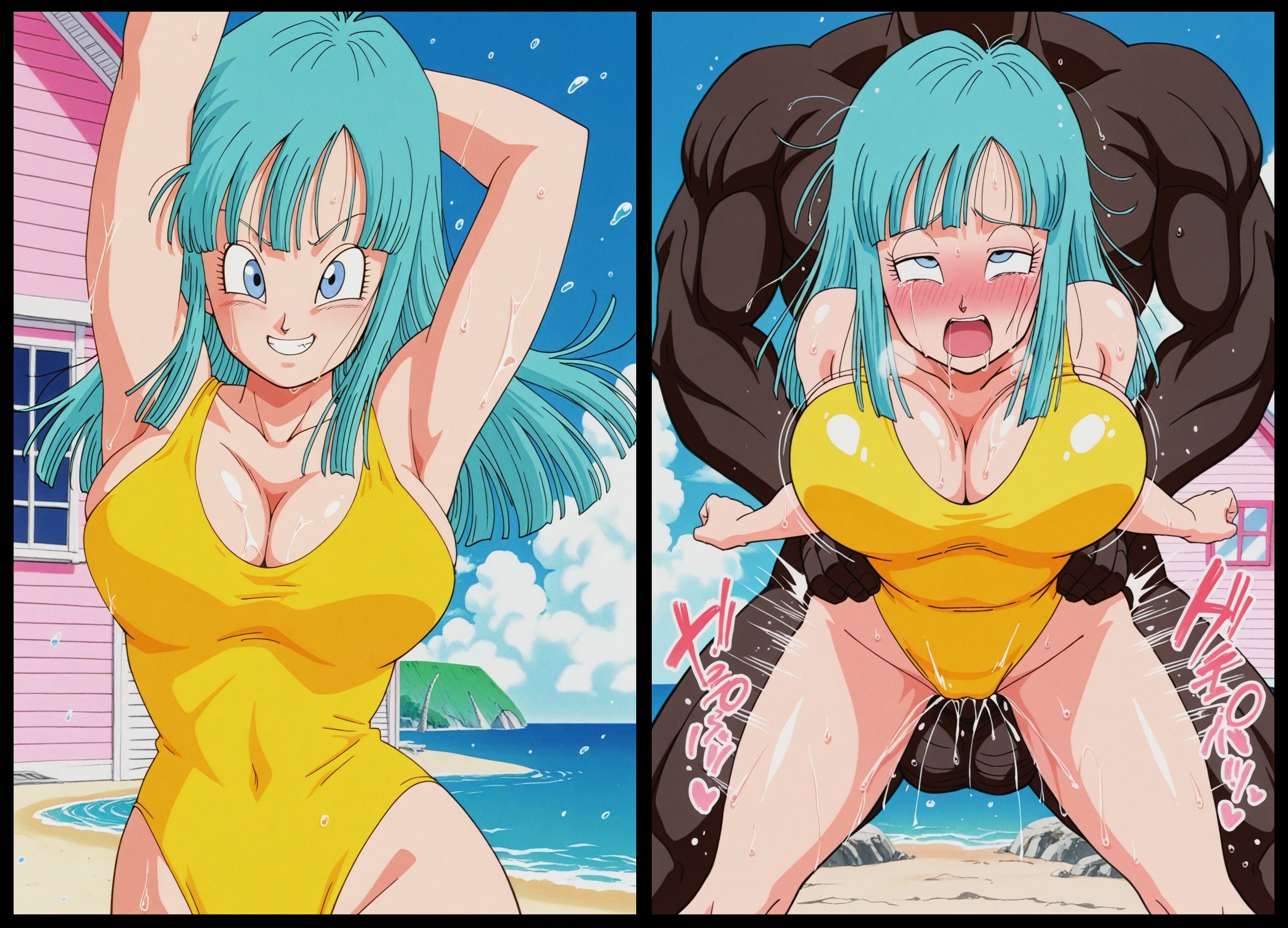 ai generated, beach, bikini, bouncing breasts, breasts, caziru, dragon ball, dragon ball z, eyes rolling back, female, interracial, maron, orgasm face, smile, standing sex