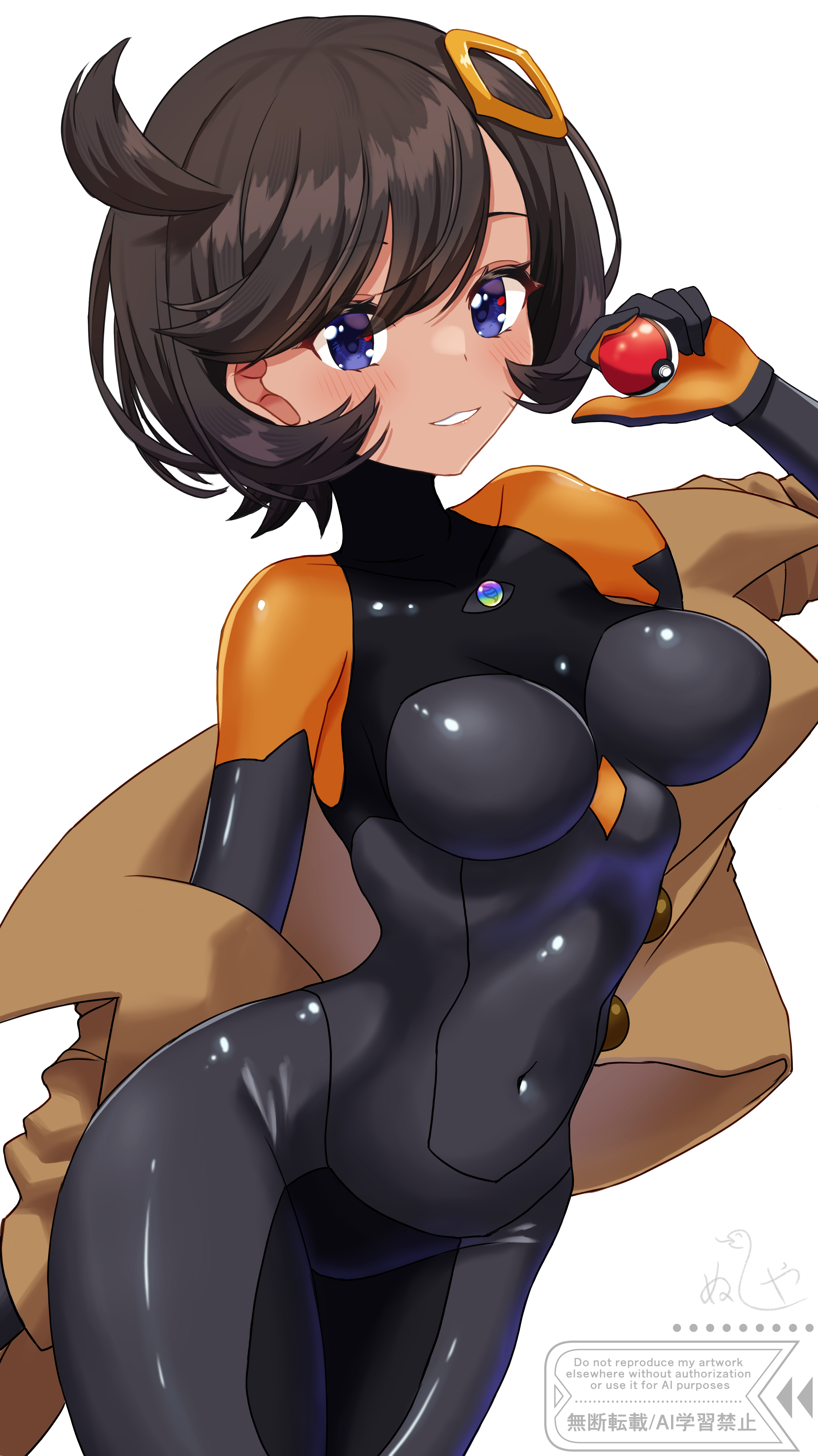 absurdres, arm up, black bodysuit, black gloves, black hair, blue eyes, blush, bodysuit, bodysuit under clothes, breasts, brown jacket, commentary, covered navel, cowboy shot, dark skin, dark-skinned female, emma (pokemon legends: z-a), emma (pokemon), female, gloves, hair between eyes, hair ornament, highres, holding, holding poke ball, jacket, jpeg, latex, latex bodysuit, looking at viewer, matiere (pokemon legends: z-a), matiere (pokemon), medium breasts, mega stone, nintendo, nushiya (ayihsem), off shoulder, open clothes, open jacket, orange gloves, parted lips, poke ball, poke ball (basic), pokemon, pokemon legends: z-a, short hair, sidelocks, signature, simple background, smile, solo, standing, swept bangs, two-tone gloves, watermark, white background