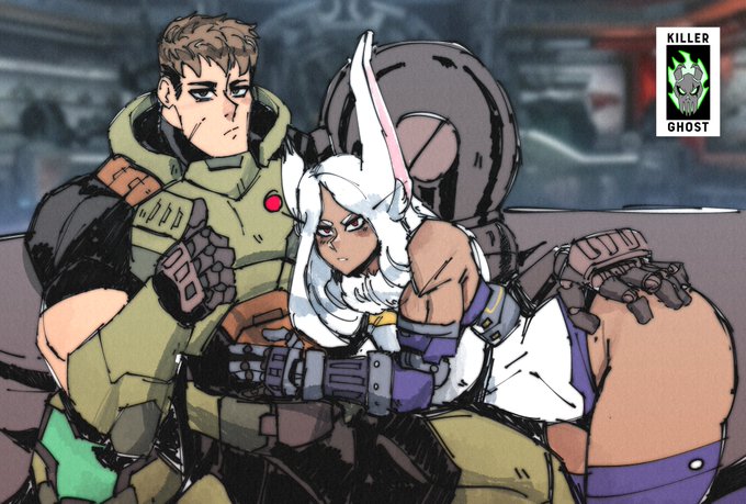 1boy, 1girls, bunny ears, crossover, dark skin, dark-skinned female, doom, doom (series), doom slayer (doom), eastern and western character, fat ass, killerghost, light skin, light-skinned male, looking at viewer, lordkillerghost, masculine, my hero academia, rumi usagiyama, straight, twitter link