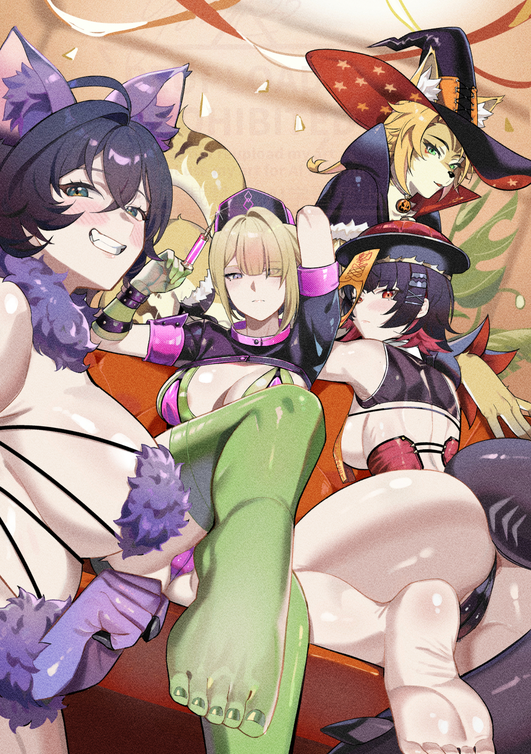 4girls, alternate version available, animal ear fluff, animal ears, arm up, arms up, ass, barefoot, belle (zenless zone zero), big ass, big breasts, black hair, black shirt, blonde hair, blurry, blurry background, breasts, cat ears, cat girl, colored inner hair, cosplay, cropped shirt, crossed bangs, crossed legs, elizabeth bathory (fate), elizabeth bathory (fate) (cosplay), elizabeth bathory (halloween caster) (cosplay), elizabeth bathory (halloween caster) (fate), elizabeth bathory (halloween caster) (fate) (cosplay), ellen joe, evelyn chevalier, fake animal ears, fate (series), fate/grand order, feet, female, female only, fins, fish tail, florence nightingale (fate), florence nightingale (fate) (cosplay), florence nightingale (trick or treatment) (fate), florence nightingale (trick or treatment) (fate) (cosplay), furry, furry female, gloves, green eyes, green gloves, green theme, grin, hat, highres, holding, holding syringe, indoors, large ass, large breasts, looking at viewer, mash kyrielight, mash kyrielight (cosplay), mash kyrielight (dangerous beast), mash kyrielight (dangerous beast) (cosplay), multicolored hair, multiple females, multiple girls, pulchra fellini, purple eyes, purple gloves, red eyes, red hair, shark girl, shark tail, shirt, short hair, short sleeves, shuten douji (fate), shuten douji (fate) (cosplay), shuten douji (festival outfit) (fate), shuten douji (festival outfit) (fate) (cosplay), smile, soles, syringe, tail, variant set, white hat, witch hat, yellow fur, yusi vishnu, zenless zone zero