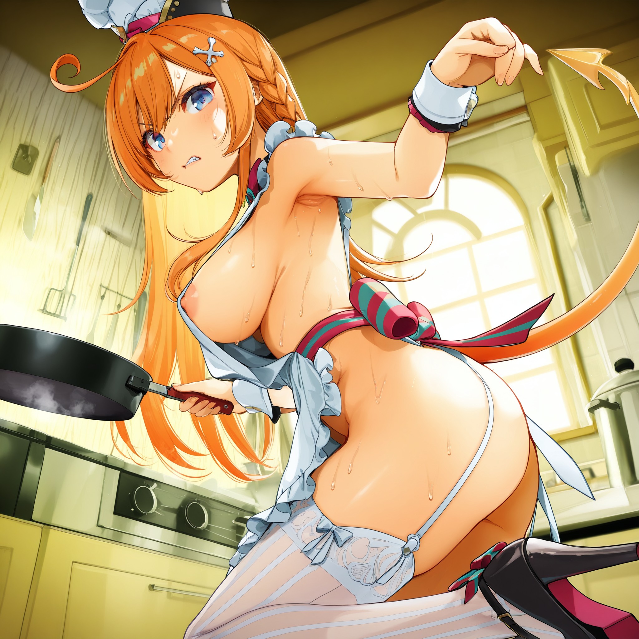 ahoge, ai generated, apron, areola slip, armpits, ass, black footwear, blue eyes, blush, braid, breasts, chef hat, clenched teeth, cooking, demon girl, demon tail, escoffier (genshin impact), female, frills, from side, frying pan, garter straps, genshin impact, hair ornament, hat, high heels, holding, holding frying pan, indoors, kitchen, large breasts, leg up, long hair, looking at viewer, naked apron, nipples, orange hair, shoes, sideboob, solo, steam, stove, striped clothes, striped thighhighs, sweat, tail, teeth, thighhighs, thighs, v-shaped eyebrows, vertical-striped clothes, vertical-striped thighhighs, white apron, white headwear, white thighhighs, window, wrist cuffs