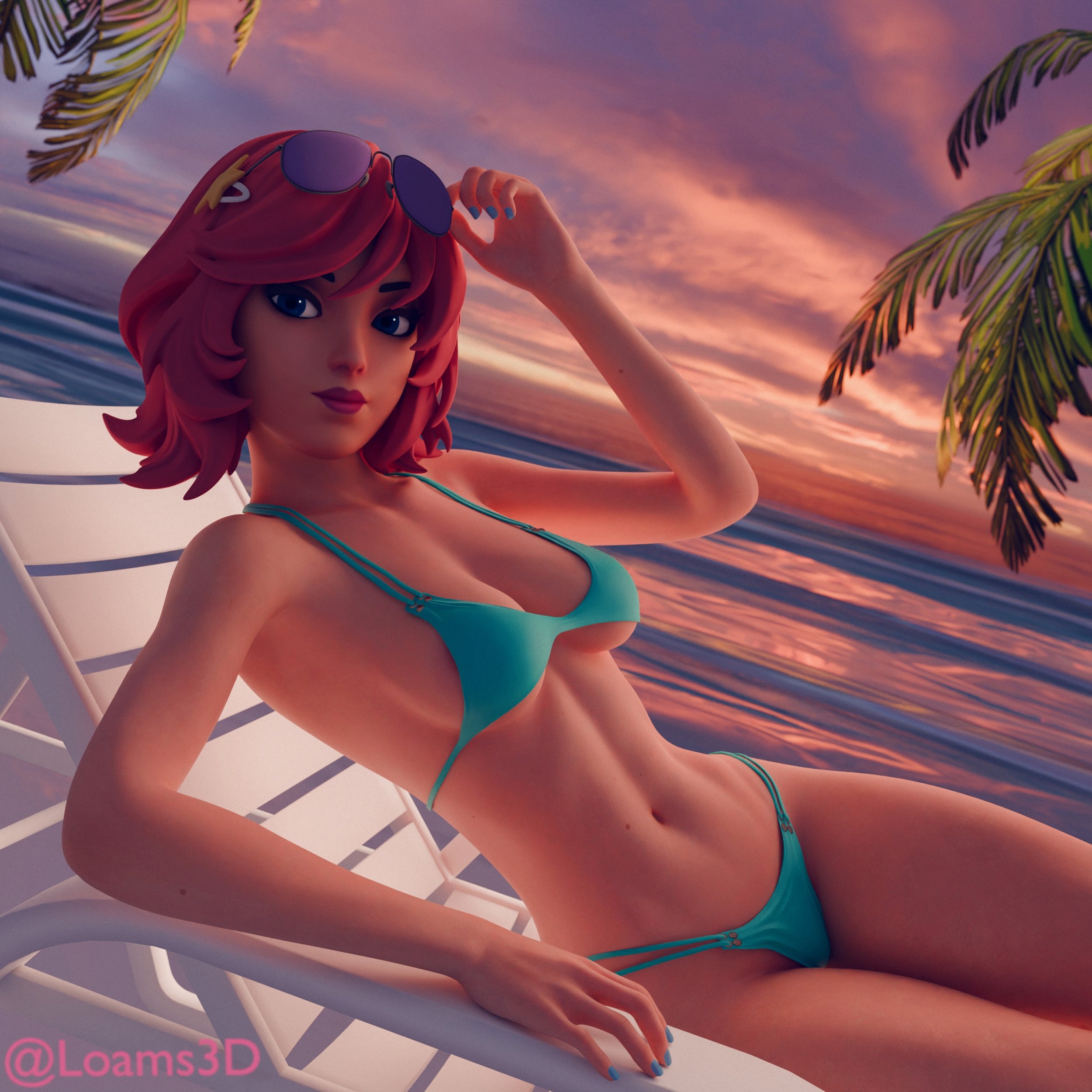 1girls, 2025, 3d, 3d (artwork), abs, beach chair, bikini, bikini bottom, bikini top, blender, blue eyes, bra, cleavage, cloudy sky, detailed background, epic games, female, female focus, female only, fortnite, fortnite: battle royale, light skin, light-skinned female, loams3d, looking at viewer, palm tree, panties, petite, petite body, pink hair, presenting, showing off, skye (fortnite), sunglasses, sunglasses on head, sunset, undercover skye (fortnite), underwear, watermark