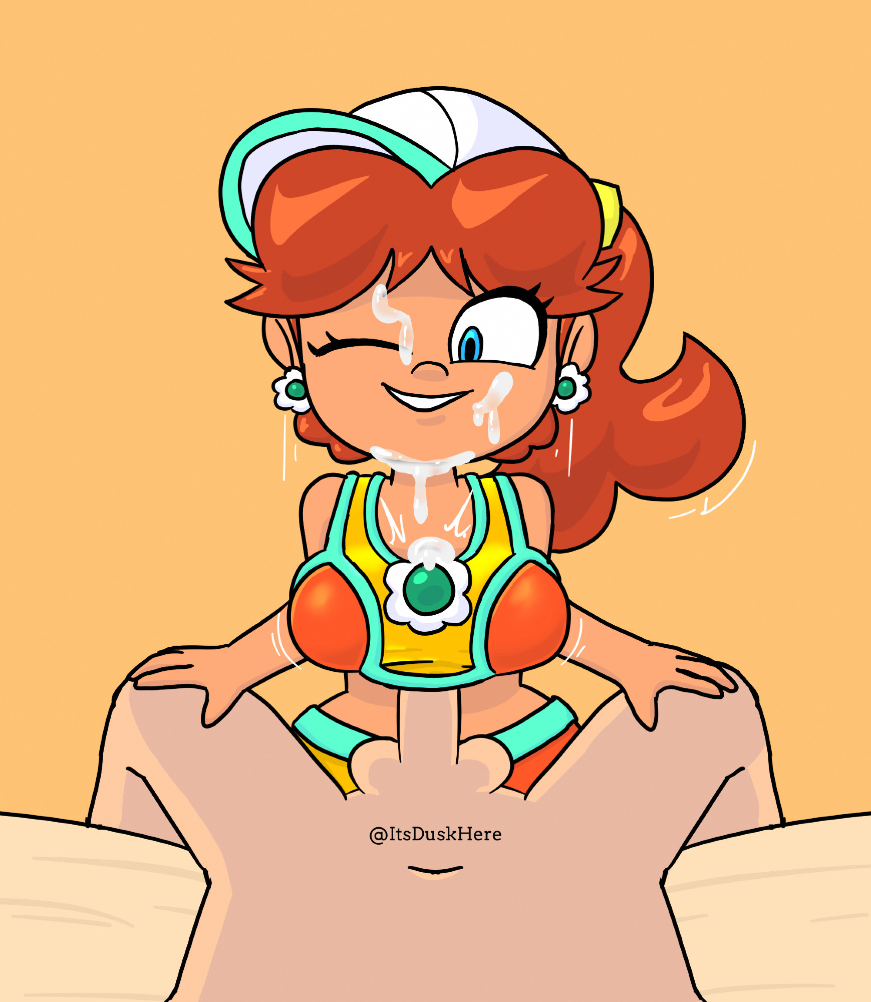 1boy, 1girls, 2025, after sex, blue eyes, breasts, brown hair, clothed, clothing, cum, cum on breasts, cum on face, female, itsduskhere, looking at viewer, male, male pov, male/female, mario (series), mario kart, mario kart world, nintendo, paizuri, penis, pov, princess daisy, princess daisy (swimwear)