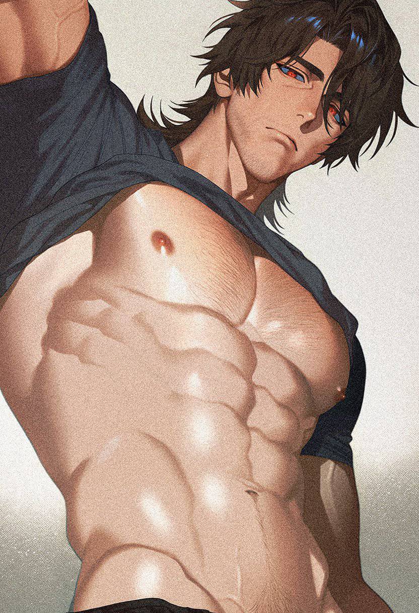ai generated, bara, bara tiddies, bara tits, breasts, brown hair, gallagher (honkai: star rail), gay, gay domination, hairy male, hidden, honkai: star rail, looking at viewer, male, male focus, male only, muscular, muscular male, noname22 11, posing for picture, posing for the viewer, red eyes, shirtless, shorts down, six pack, solo male, top down view, voluptuous male, yaoi