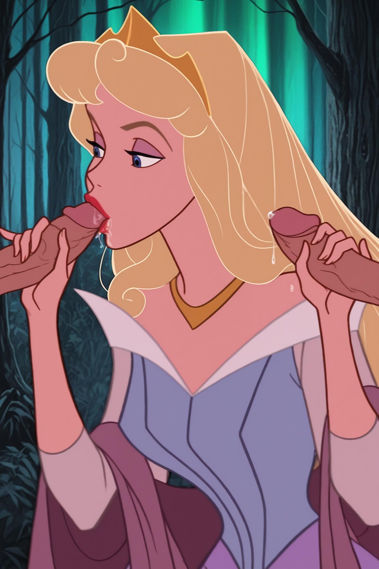 ai assisted, ai generated, aurora (sleeping beauty), blonde hair, blowjob, dirtmaster, disney, disney princess, double handjob, fellatio, forrest, kissing penis, kissing tip, male, multiple penises, oral, oral sex, penis, penis kiss, penis kissing, precum, princess, royalty, saliva, sleeping beauty (1959 film), tip kiss, tip kissing
