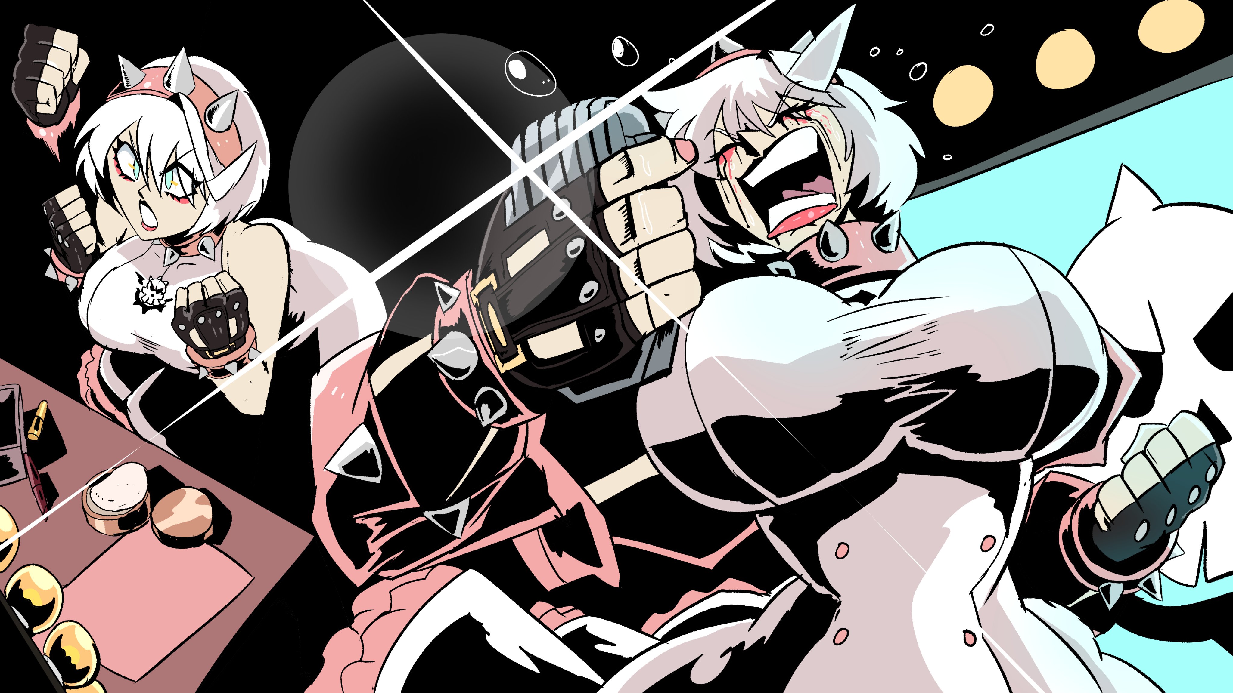 1girls, absurdres, bent over, breasts, choker, clenched hands, deputyrust, dress, elphelt valentine, eyecatch, female, fingerless gloves, frilled dress, frills, gloves, guilty gear, guilty gear strive, hairband, highres, holding, holding microphone, huge boobs, huge breasts, microphone, music, shirt, short hair, singing, spiked choker, spiked hairband, spikes, tengen toppa gurren lagann, white hair, white shirt