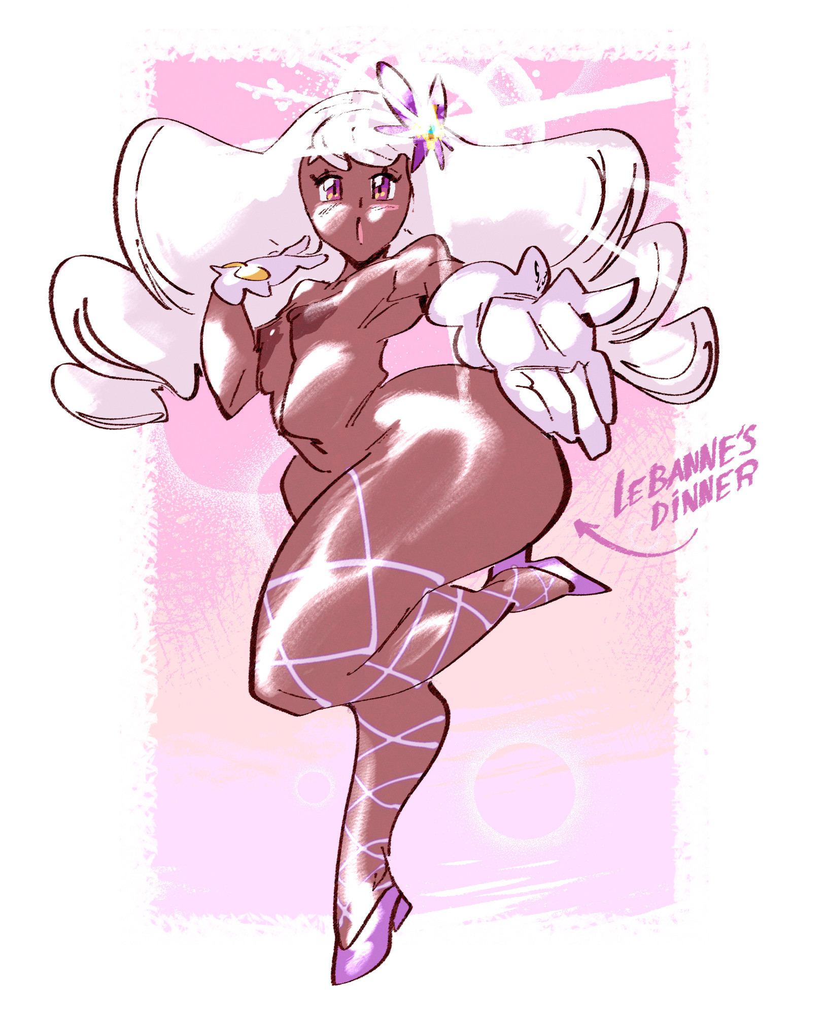 1girls, areolae, ass, big ass, bottom heavy, breasts, bubble butt, dark skin, dark skinned female, fat ass, female, female only, gloves, heels, jacinthe (pokemon), massive ass, nude female, pokemon, pokemon legends: z-a, purple eyes, slb, small breasts, thick ass, thick thighs, white hair, yukari (pokemon)