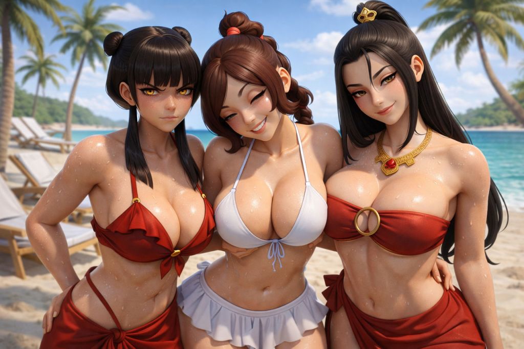 ai generated, avatar the last airbender, azula, bangs, bare shoulders, big breasts, bikini, bikini skirt, bikini top, blunt bangs, braid, breasts, busty, clothing, double bun, female, female focus, female only, front-tie bikini top, front-tie top, goth, goth girl, gothic, hair bun, huge breasts, jewelry, large breasts, long braid, mai (avatar), necklace, noblewoman, o-ring, o-ring bikini, o-ring top, ponytail, red bikini, red swimsuit, sarong, sidelocks, single braid, skirt, strapless, strapless bikini, strapless swimsuit, swimsuit, tied hair, ty lee, white bikini, white swimsuit