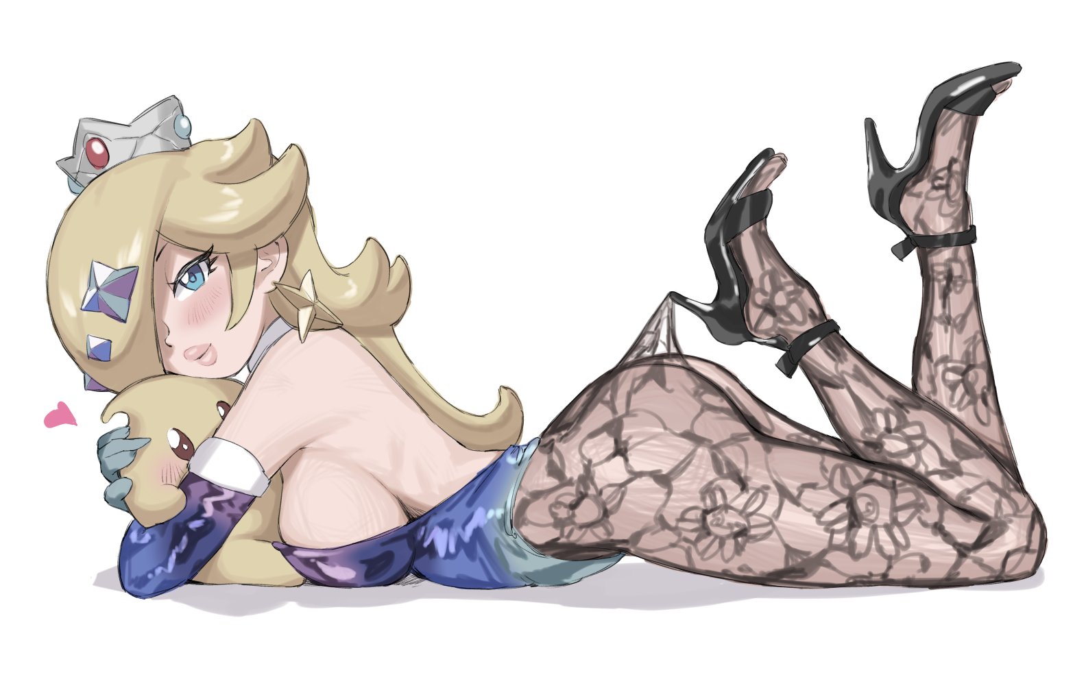 1girls, 2d, ass, big breasts, blonde hair, blue eyes, blush, breasts, color, crown, detached sleeves, earring, female, female only, footwear, full color, gloves, hair, hair ornament, hair over one eye, headwear, heart, heels, high heels, hooked on heel, hugging, hugging object, lace, lace pantyhose hooked on heel (meme), lace trim, lace-trimmed pantyhose, large breasts, legs up, leotard, light skin, light-skinned female, lingerie, lips, long gloves, looking at viewer, luma, lying, lying on stomach, mario (series), meme, nintendo, on stomach, open toe heels, open toe shoes, pantyhose, pantyhose pull, parted lips, pattern legwear, princess rosalina, side view, sideboob, solo, star earrings, strapless leotard, the pose, thick lips, white background, yamino ekakinin