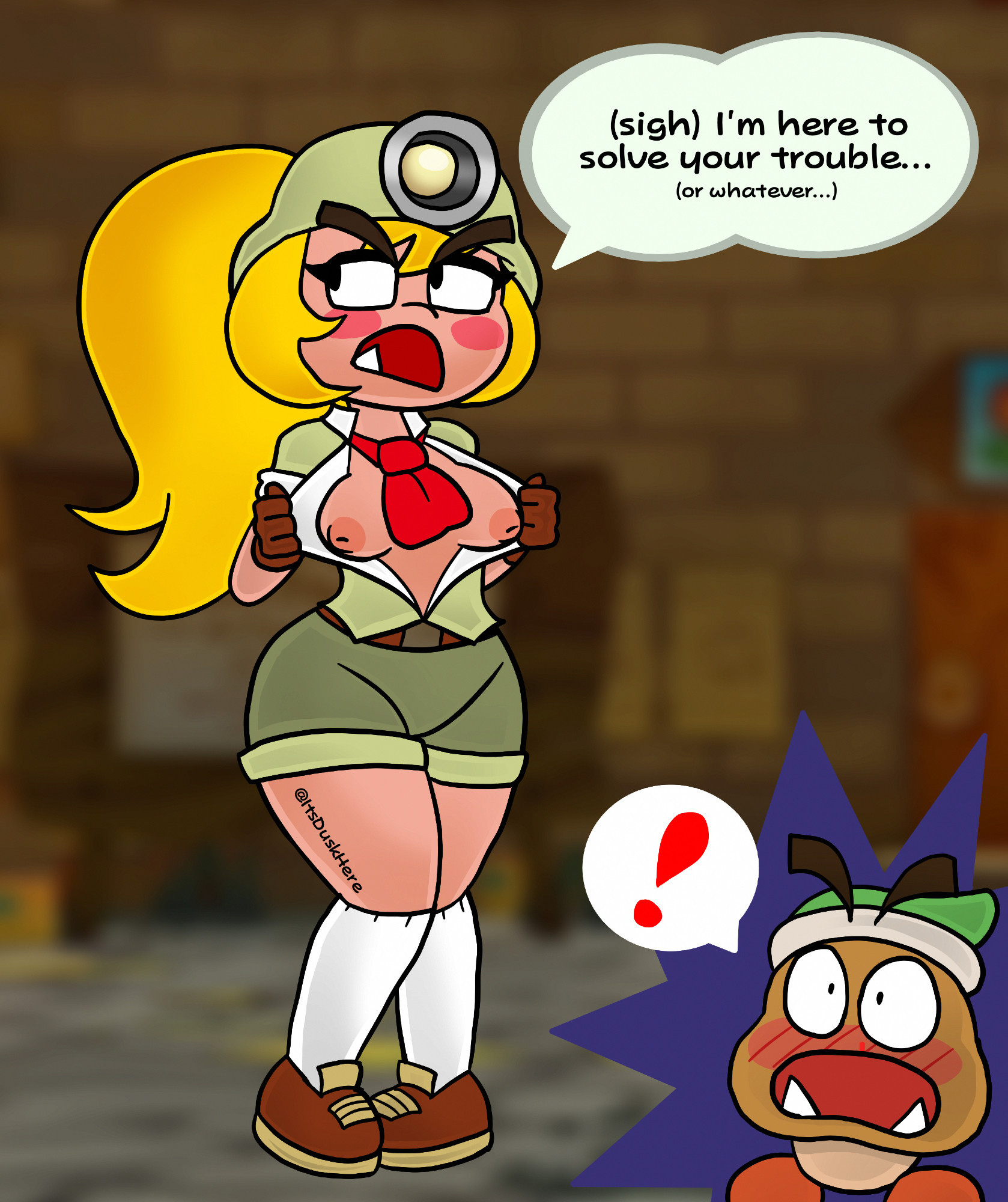 1boy, 1girls, 2024, annoyed, blonde hair, blush, breasts, clothed, dialogue, female, female focus, goomba, goombella, itsduskhere, kneehighs, male, mario (series), nintendo, paper mario, paper mario: the thousand-year door, shocked, showing breasts, socks, tagme