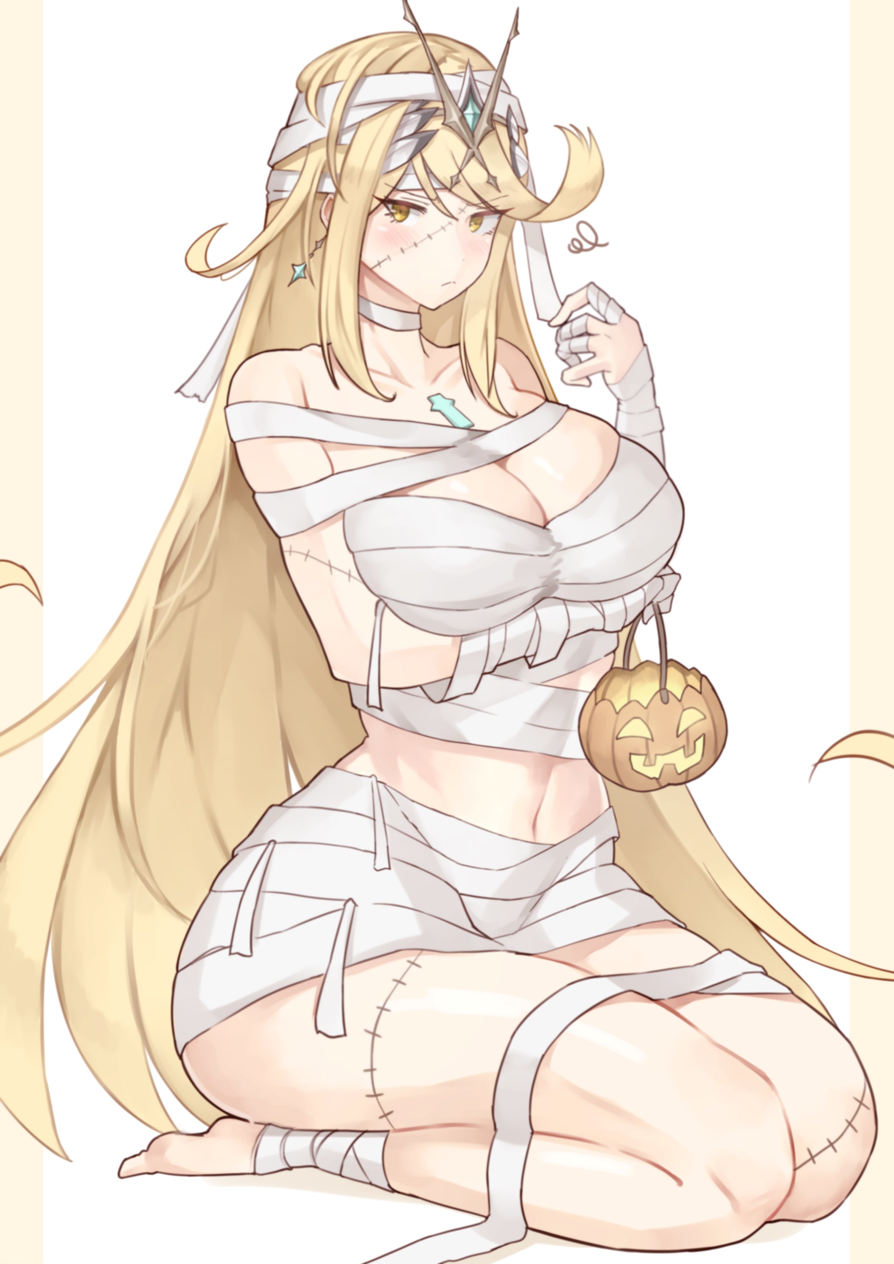 1girls, breasts, female, halloween, halloween costume, large breasts, looking at viewer, mummy costume, mummy girl, mummy wrappings, mythra, mythra (xenoblade), oniisan02b, shiorino mani (artist), xenoblade (series), xenoblade chronicles 2, yellow eyes, yellow hair, yotsuhauni