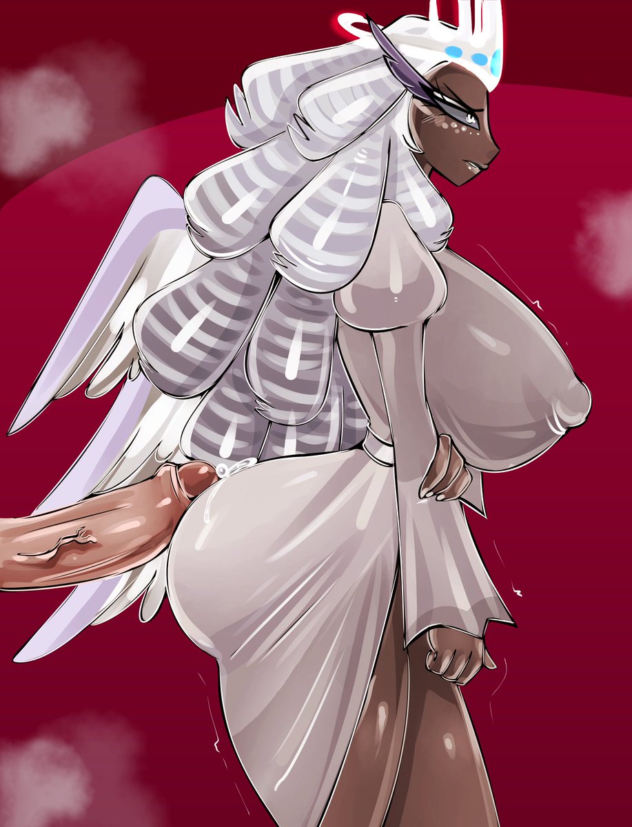 about to pound the fuck outta em, angel, angel wings, ass, big ass, big breasts, big penis, bitterbunz, breasts, clothed, clothing, crown, dark skin, female, halo, hazbin hotel, huge ass, huge breasts, male, open mouth, partially clothed, penis, precum, secretly wants it, sera (hazbin hotel), sideboob, silver hair, standing, tempting, thick thighs, trying to resist, vein, veiny penis