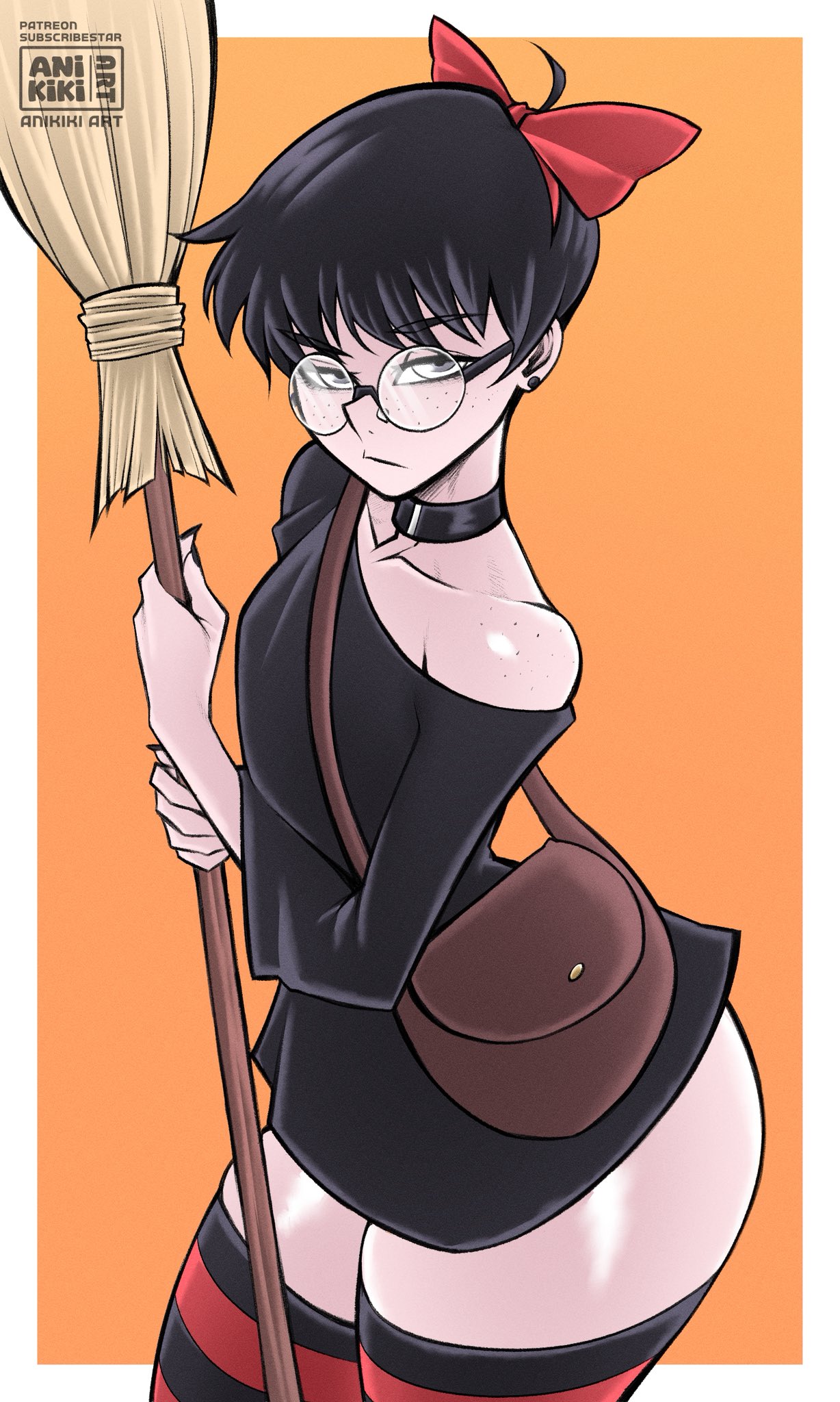 1girls, anikiki kun, black hair, broom, choker, cosplay, female, female only, flat chest, freckles, glasses, hair ribbon, halloween, hi res, kiki (anikiki kun), kiki (cosplay), kiki's delivery service, looking at viewer, round glasses, short hair, shoulder bag, silver hair, solo, striped thighhighs, studio ghibli, thick thighs, thighhighs