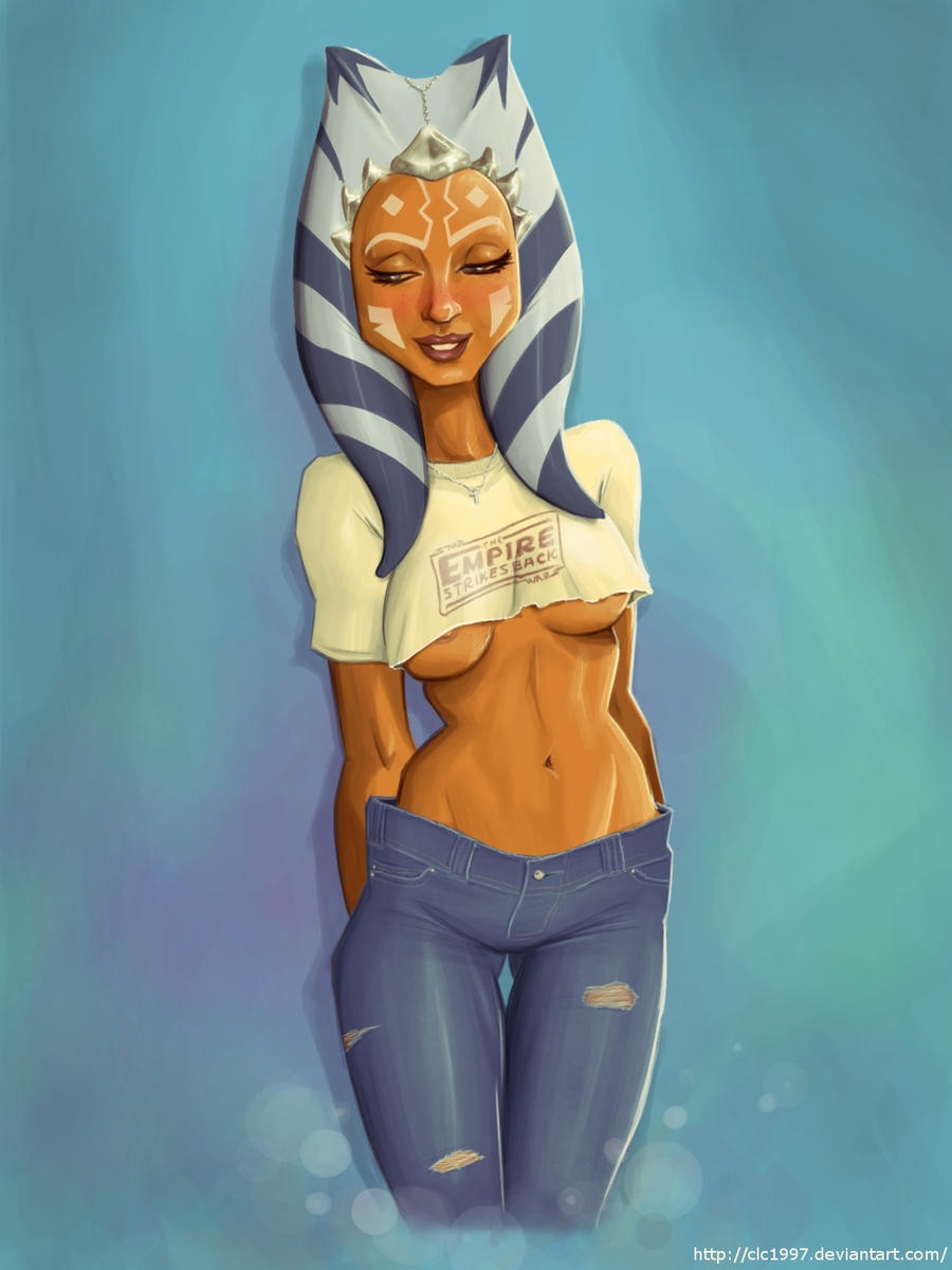 1girls, ahsoka tano, alien, areola slip, areolae, braless, breasts, clc1997, female, female only, jeans, no bra, orange fur, shirt, small breasts, solo, star wars, togruta, underboob