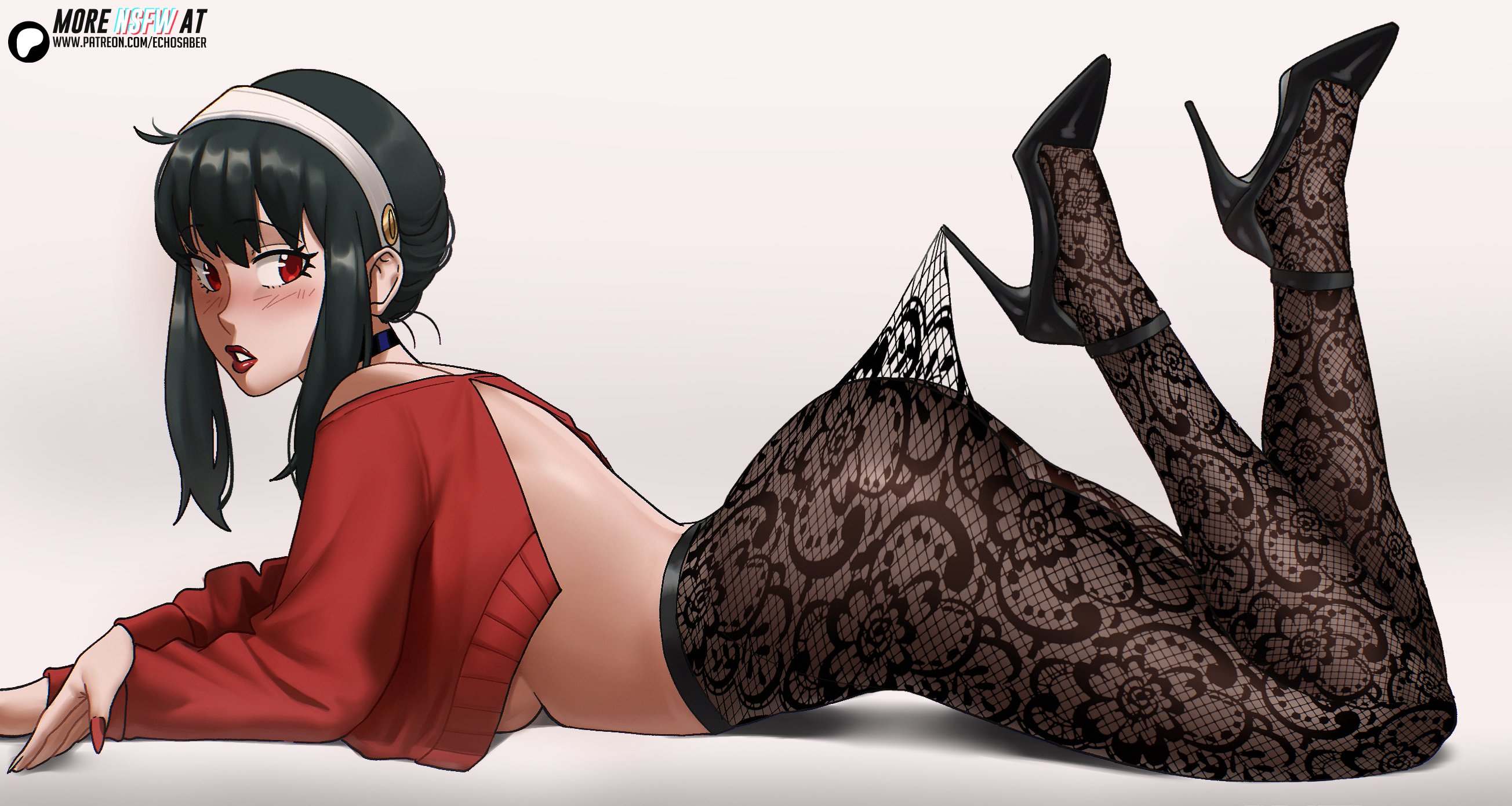 1girls, 2d, 2d (artwork), ass, bare back, big ass, big stretch, black hair, black tights, breasts, echosaber, fat ass, fat breasts, female, fishnets, flat belly, hairband, heels, high heels, jumper, lace pantyhose hooked on heel (meme), large breasts, legs, legs up, light-skinned female, long hair, looking at viewer, lying on stomach, meme, pantyhose, red eyes, red jumper, shonen jump, sideboob, solo, solo female, spy x family, thick thighs, tights, watermark, white hairband, yor briar, yor forger