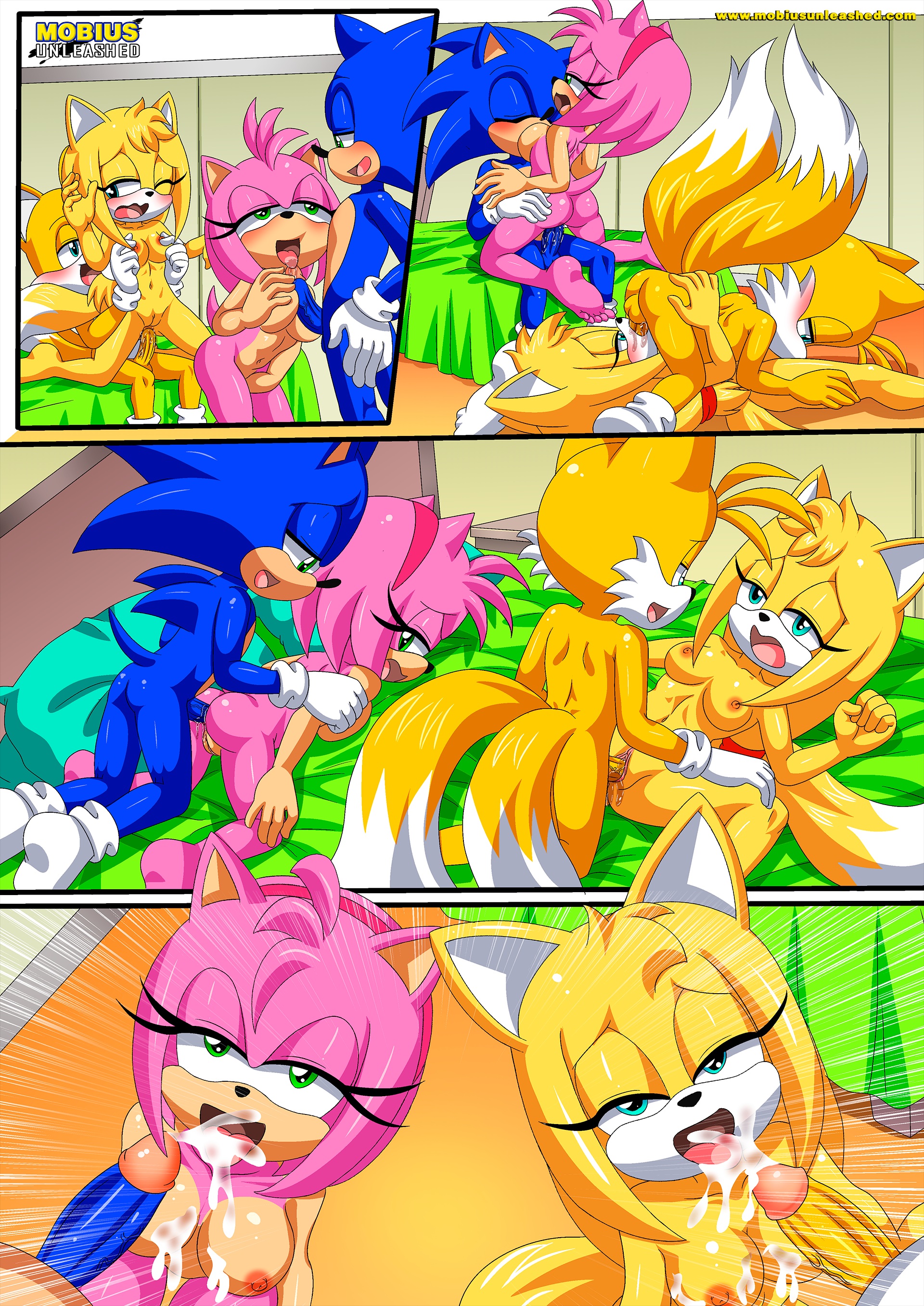 2boys, 2girls, 69, 69 position, amy rose, anthro, ass, balls, barefoot, bbmbbf, bed, blowjob, blush, breasts, comic, cum, cum on breasts, cum on tongue, cunnilingus, feet, female, grab the butt, male, male/female, miles tails prower, mobian (species), mobius unleashed, nipples, nude, oral, oral sex, paizuri, palcomix, penis, pussy, pussy juice, releasing your inner wild side (comic), sega, sex, socks, sonic (series), sonic boom, sonic the hedgehog, sonic the hedgehog (series), tails the fox, titjob, vaginal penetration, vaginal sex, zooey the fox