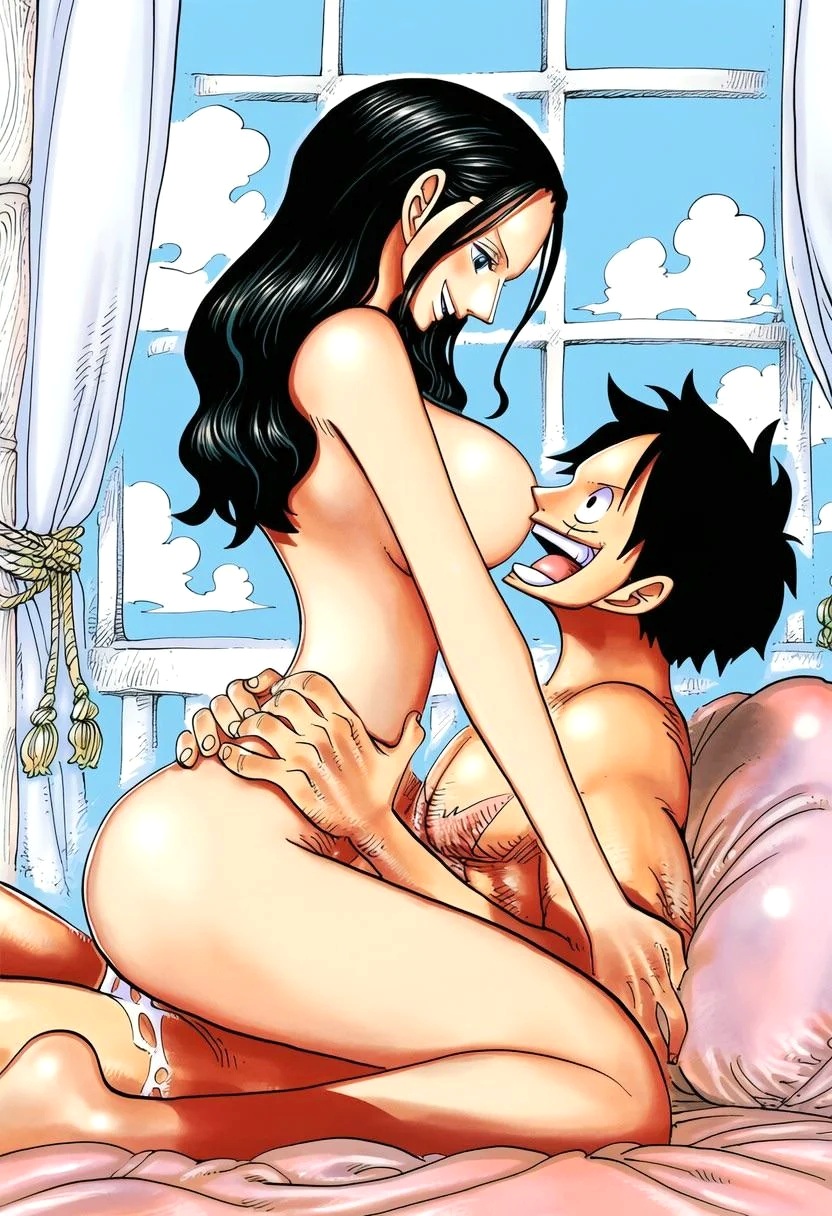 1boy, 1girls, abs, accurate art style, ai generated, ass, big breasts, black hair, black-haired female, black-haired male, blue eyes, bubble butt, fat ass, female, grabbing, grabbing waist, male, male/female, manga, manga style, mature female, monkey d luffy, nico robin, nude, on top, one piece, sex, smile, thick thighs