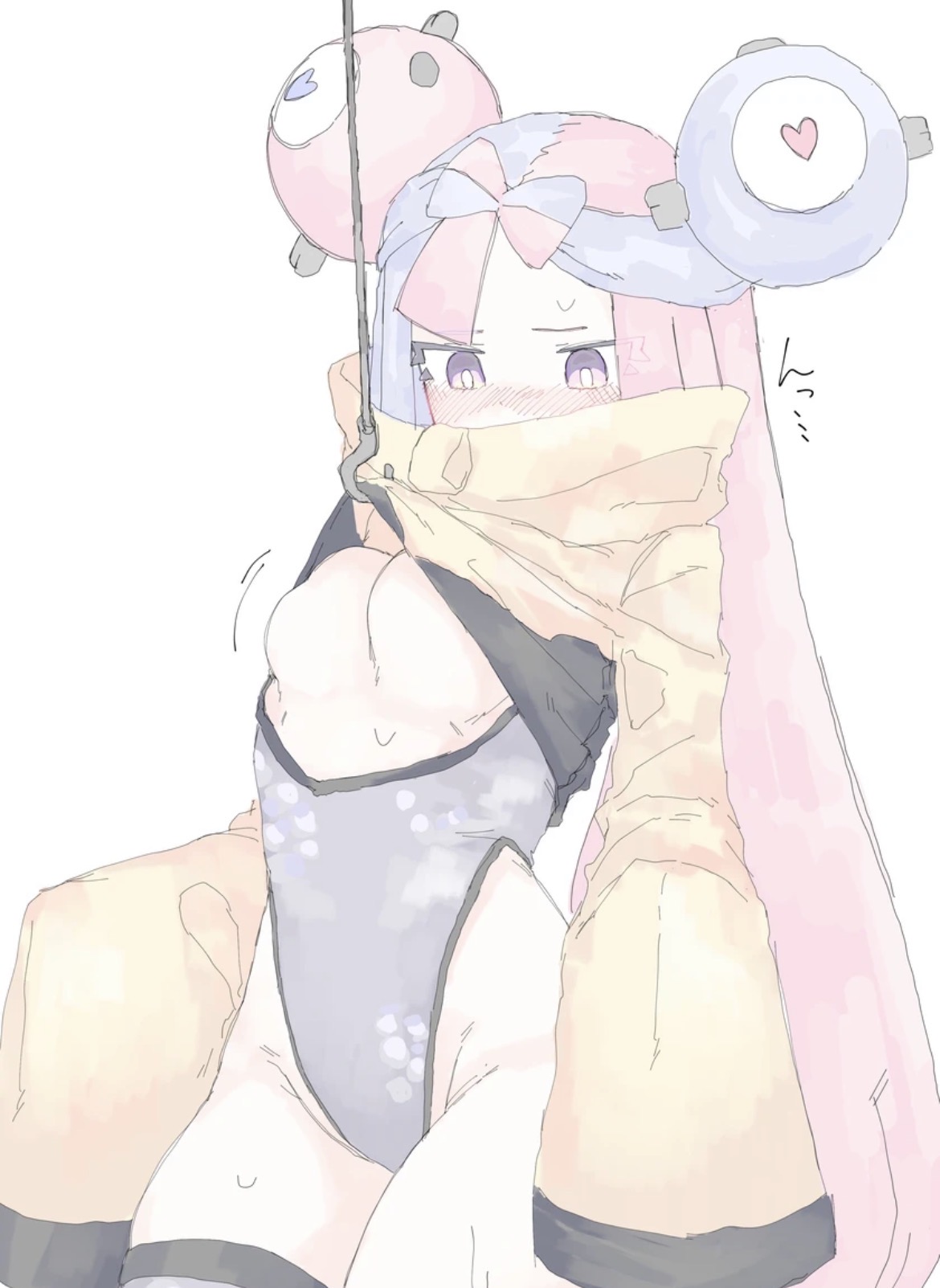 blush, boob window, breasts, clothing pull, female, iono (pokemon), looking down, mocaht8, pokemon, single thighhigh, sweat, sweatdrop, thighhighs