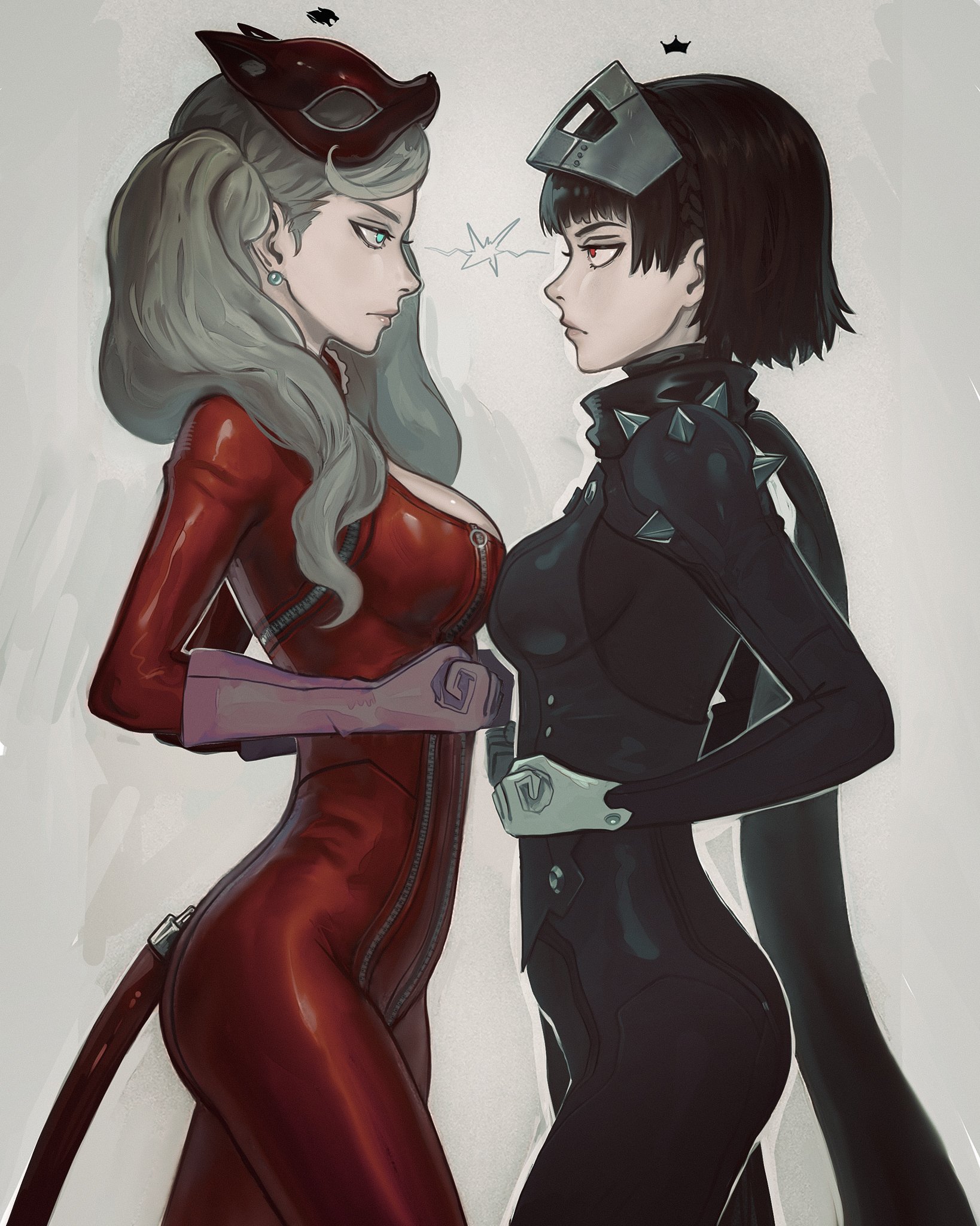 2girls, akiman pose, anger vein, angry, angry expression, angry face, ann takamaki, ann takamaki (panther), ass, atlus, blonde female, blonde hair, blonde-haired female, breasts, breasts pressed against partner, brown hair, brunette female, brunette hair, catfight, chapinor , clothing, female, female only, fight, fighting, fighting stance, fist, human, latex, latex suit, looking at another, makoto niijima, megami tensei, multiple females, multiple girls, pale skin, persona, persona 5, persona 5 royal, phantom thief suit, reference, simple background, staredown, titfight, twintails