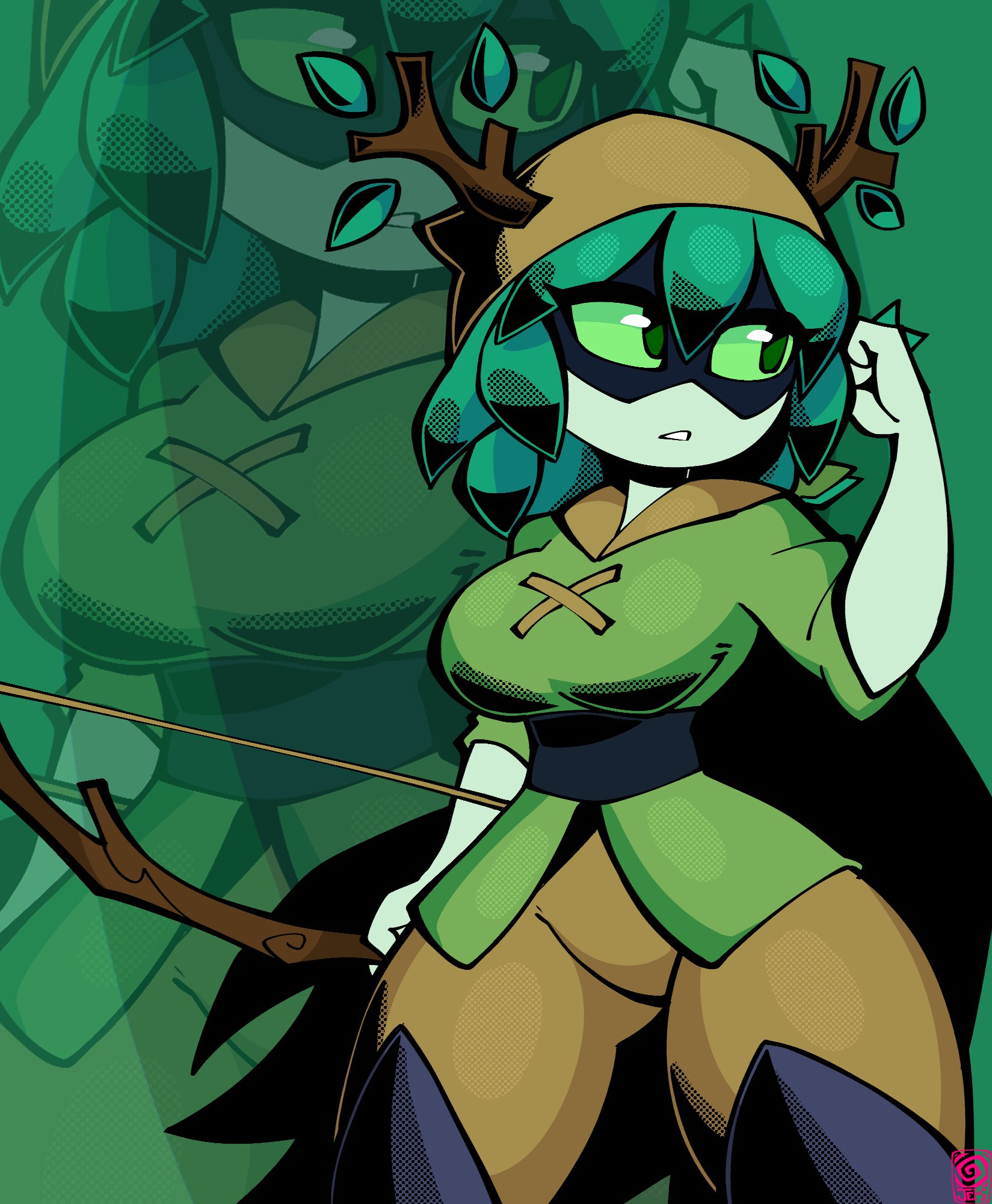adventure time, antennae, antlers, black footwear, boots, bow (weapon), branch, breasts, brown pants, cape, clothing, colored sclera, colored skin, detailed background, domino mask, eye mask, female, female focus, female only, footwear, green body, green eyes, green hair, green sclera, green shirt, green skin, high resolution, holding, holding bow (weapon), holding object, holding weapon, horns, huntress wizard, jek korpen, large breasts, leaf, legwear, looking to the side, mask, masked female, pants, parted lips, reupload, shirt, solo, solo focus, standing, tagme, thick thighs, thigh boots, thighhighs, thighs, weapon, white skin
